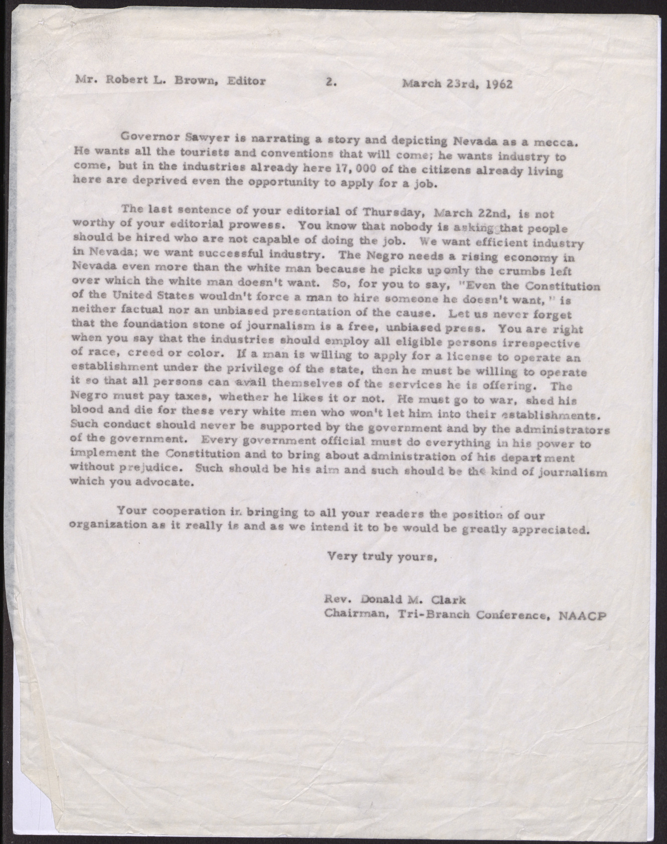 Letter to Robert Brown, Editor at Las Vegas Review Journal, from Rev. Donald M. Clark (2 pages), March 23, 1962