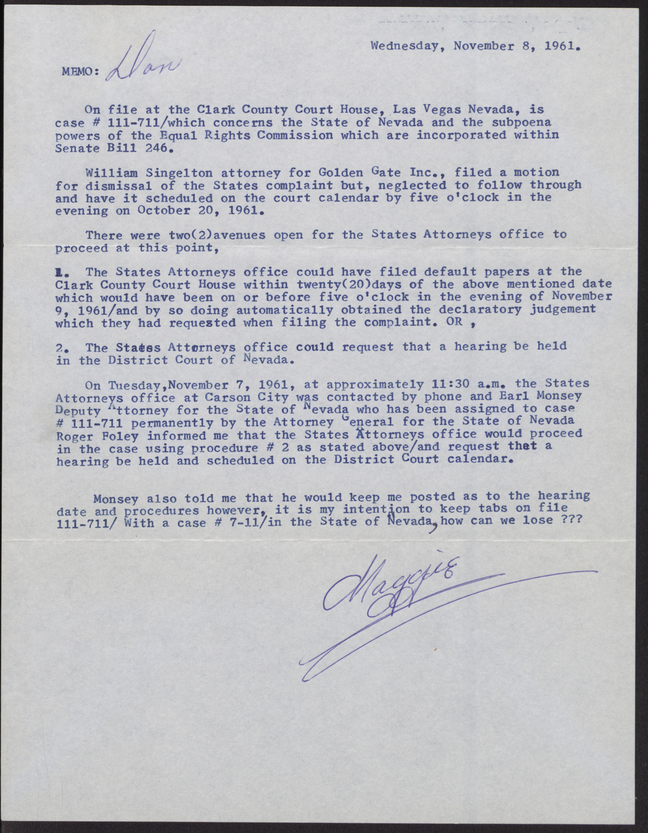 Memo printed on Wednesday, November 8, 1961