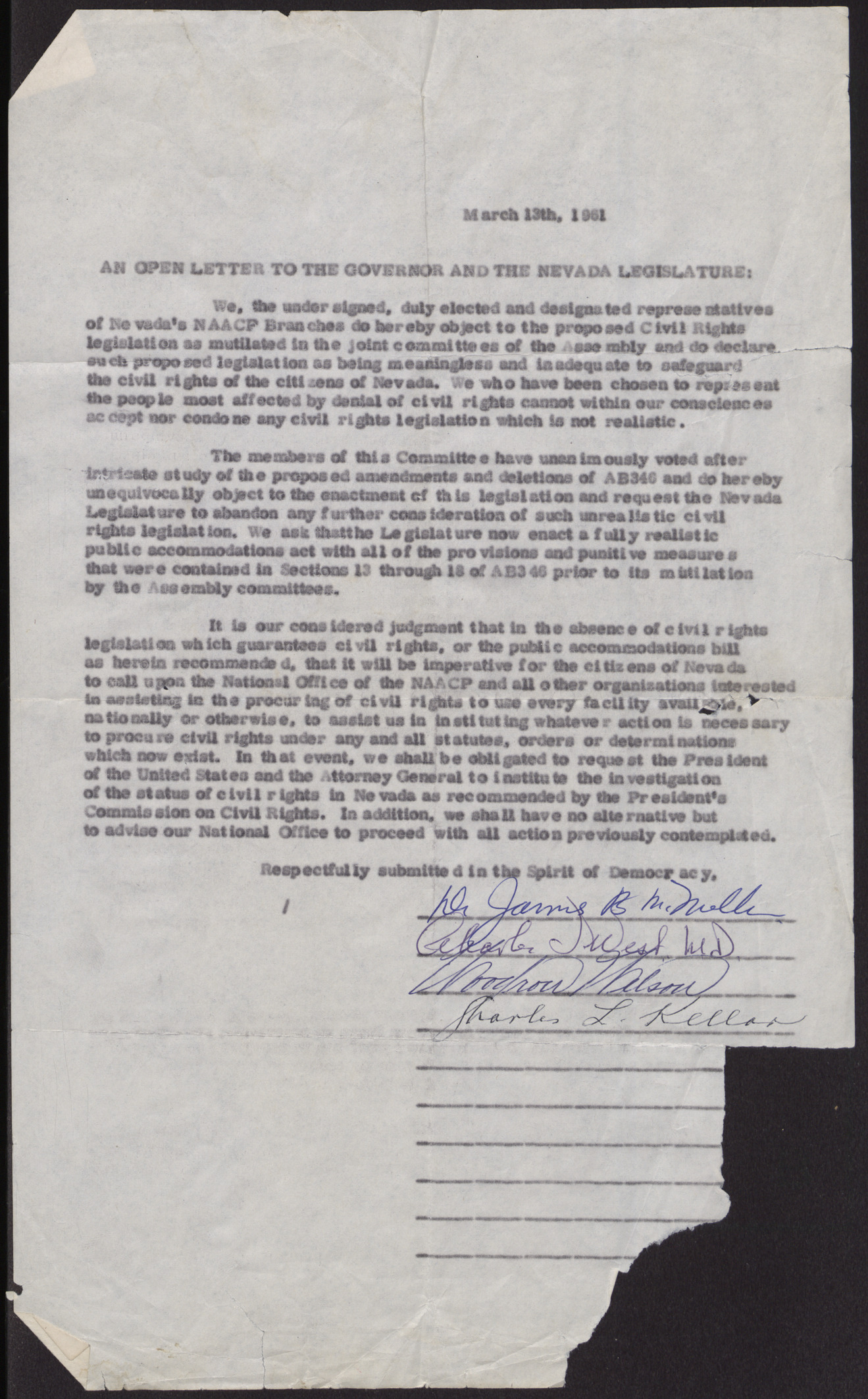 Open letter to the governor and the Nevada Legislature from representatives of the Las Vegas NAACP chapter, March 13, 1961