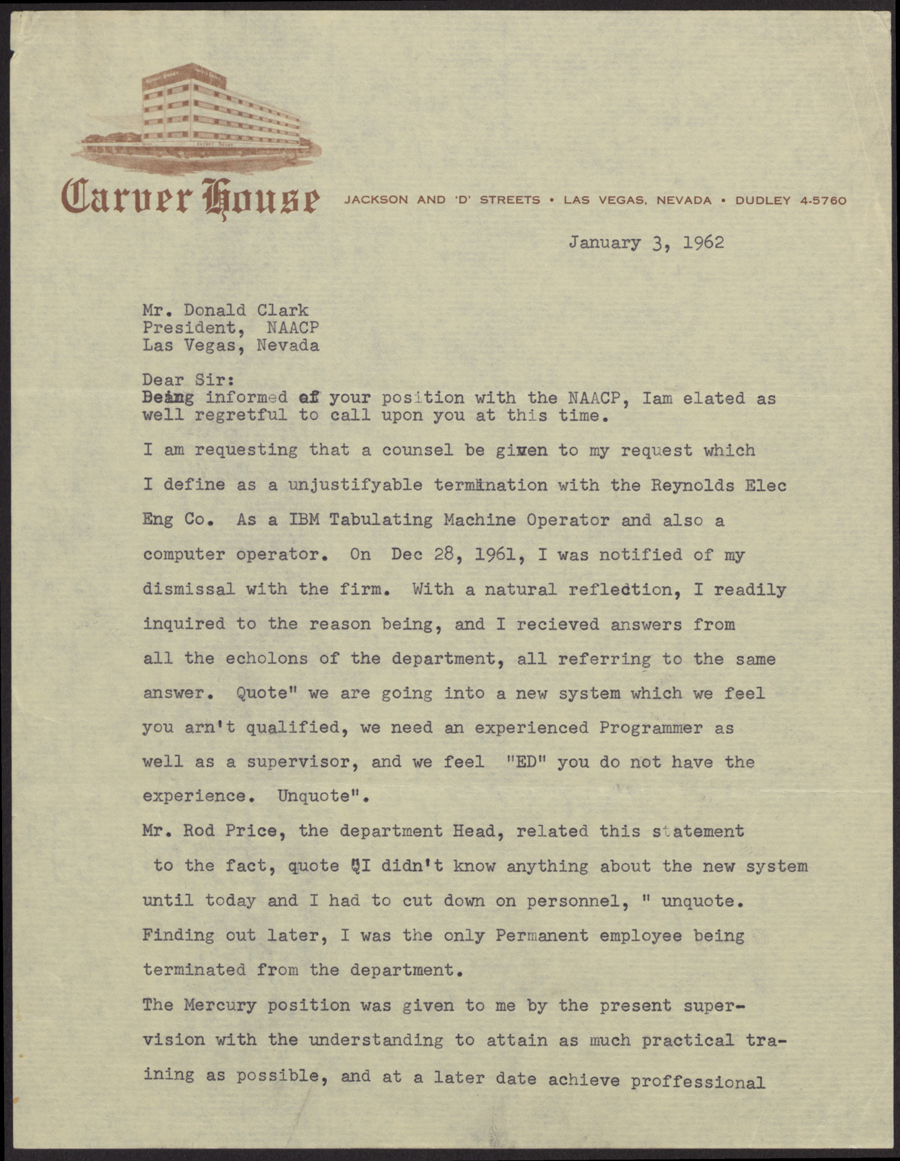 Letter from Edward E. Thomas to Donald Clark (2 pages), January, 3, 1962