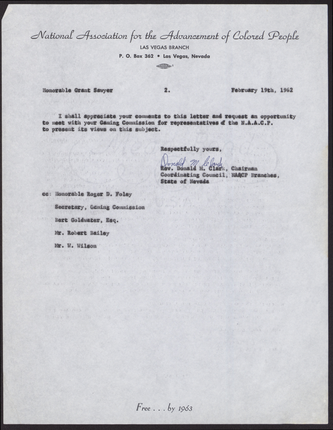 Letter to Grant Sawyer from Rev. Donald M. Clark (2 pages), February 19, 1962, page 2