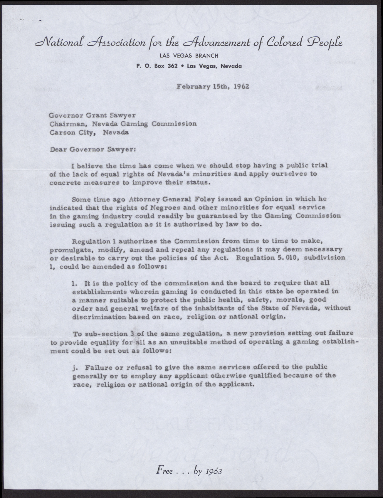 Letter to Grant Sawyer from Rev. Donald M. Clark (2 pages), February 15, 1962