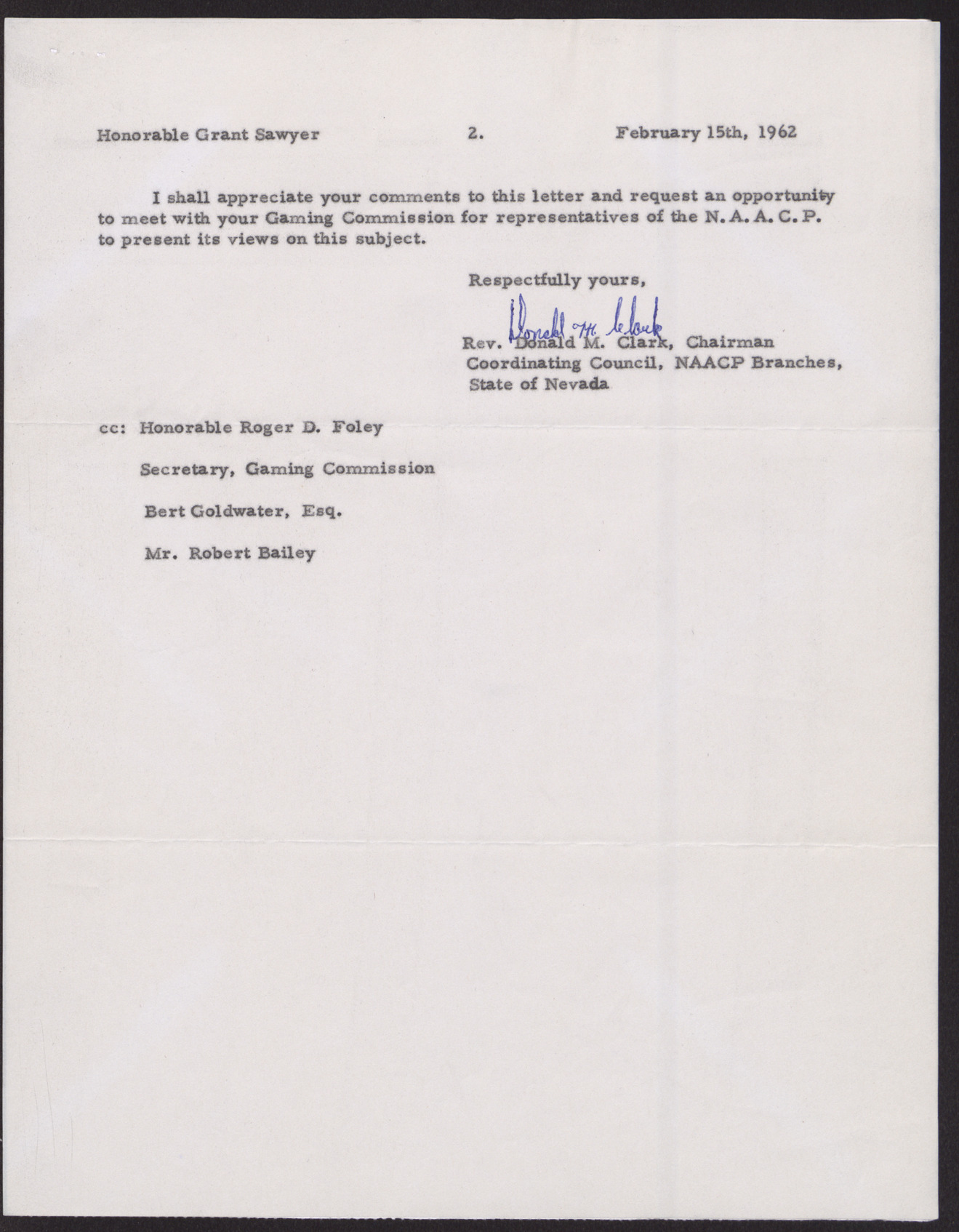 Letter to Grant Sawyer from Rev. Donald M. Clark (2 pages), February 15, 1962, page 2