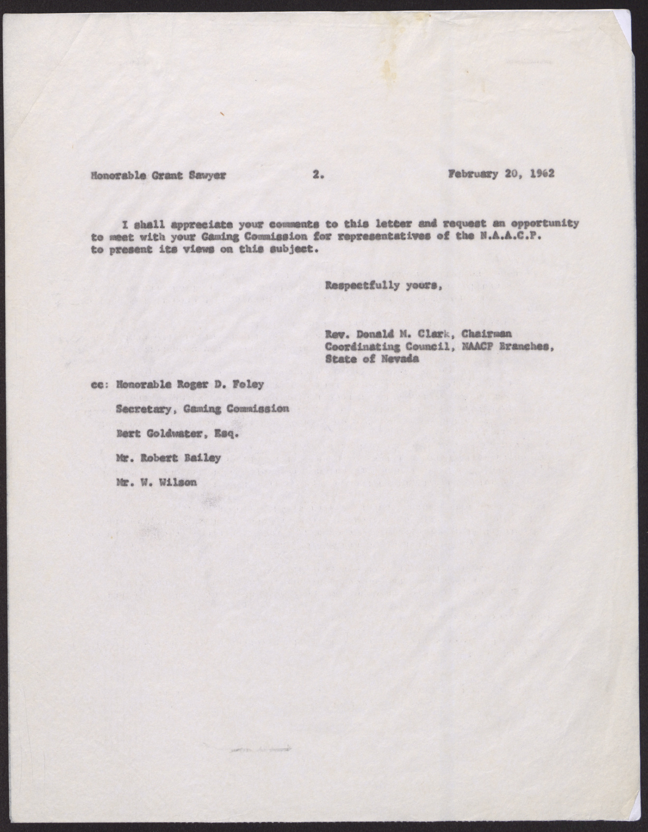 Letter to Grant Sawyer from Rev. Donald M. Clark (2 pages), February 20, 1962, page 2