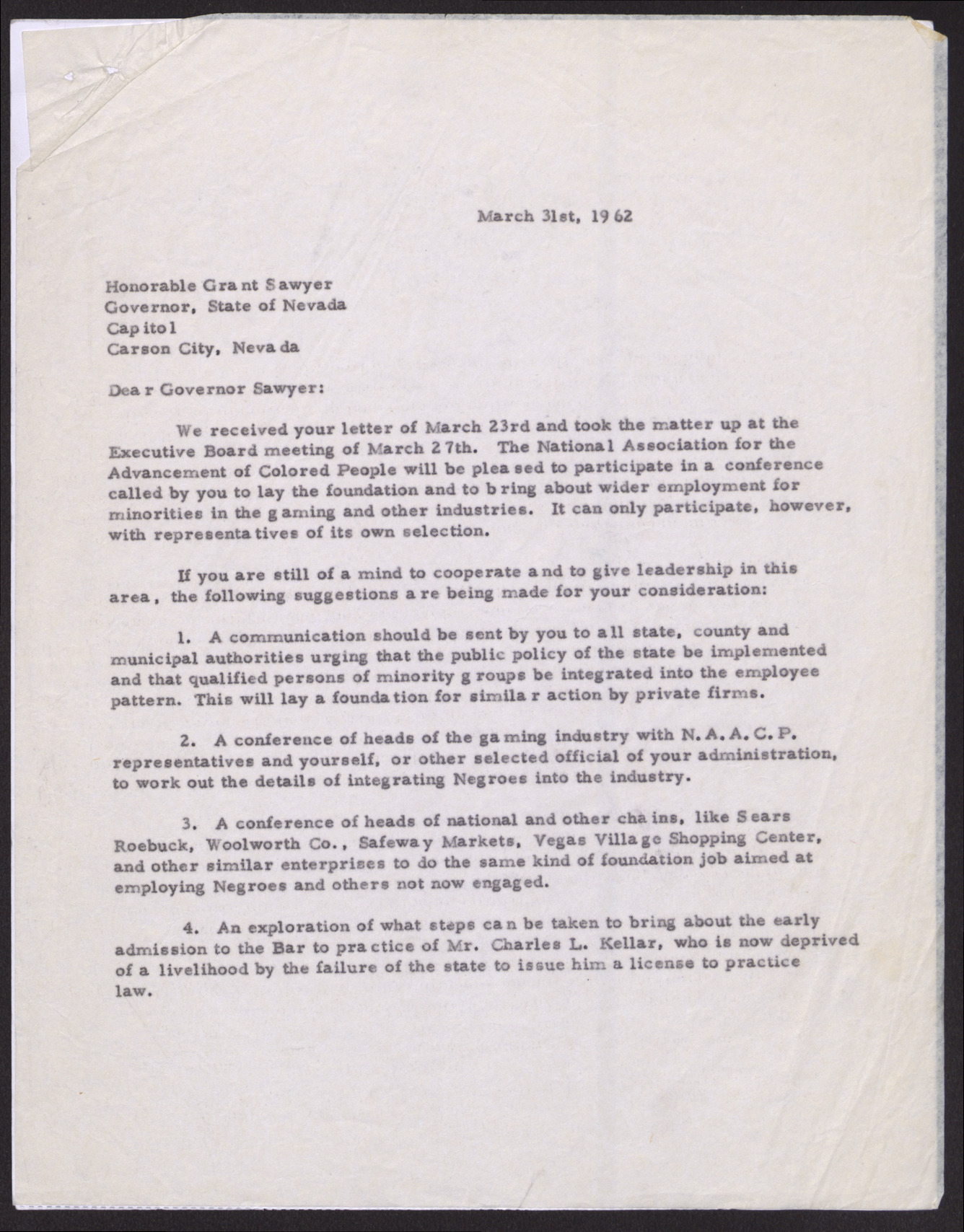 Letter to Honorable Grant Sawyer from Rev. Donald M. Clark (2 pages), March 31, 1962