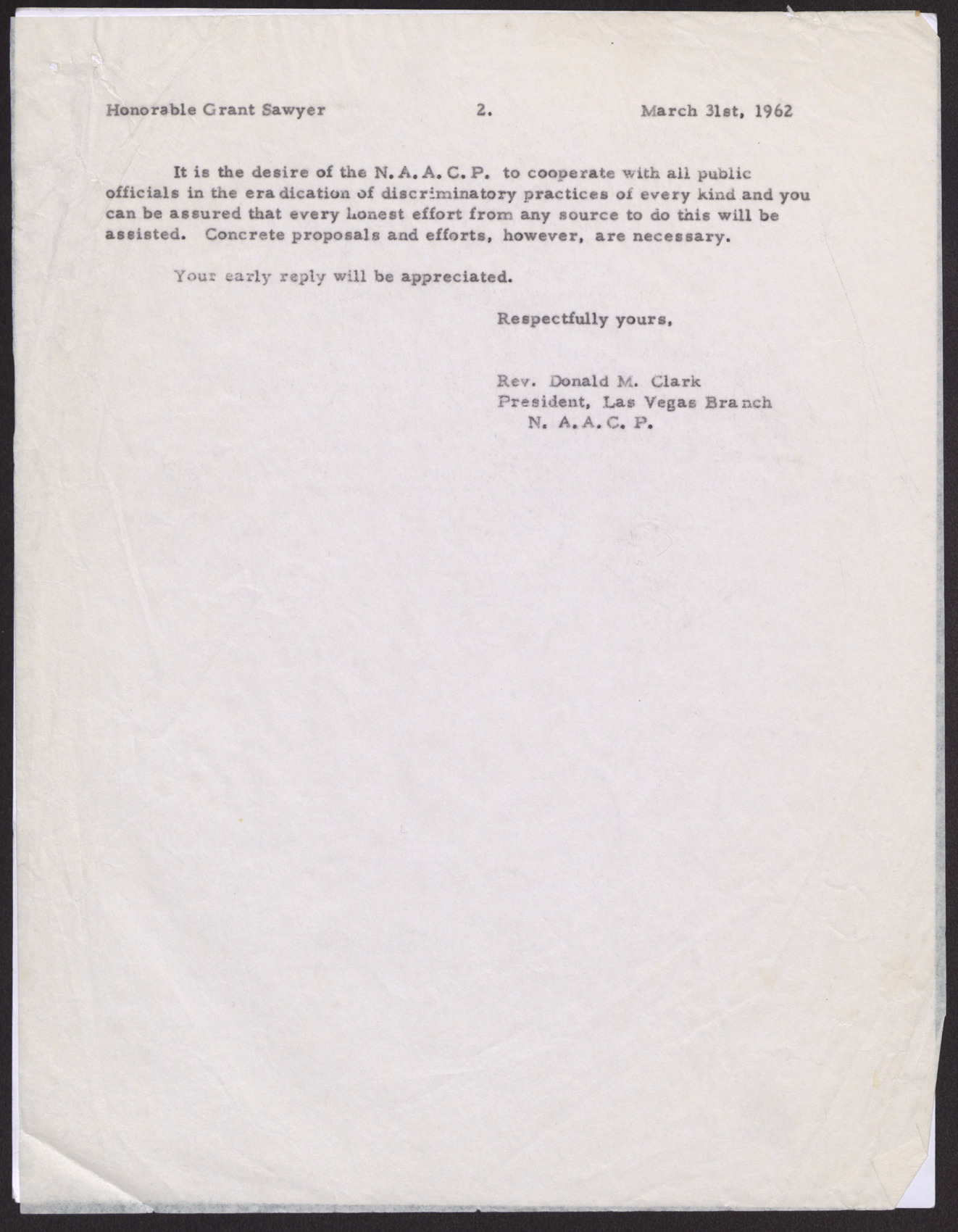 Letter to Honorable Grant Sawyer from Rev. Donald M. Clark (2 pages), March 31, 1962, page 2