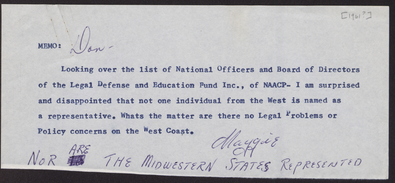 Memo and list of NAACP officers and board directors to Donald Clark from Maggie (3 pages), [1961?]