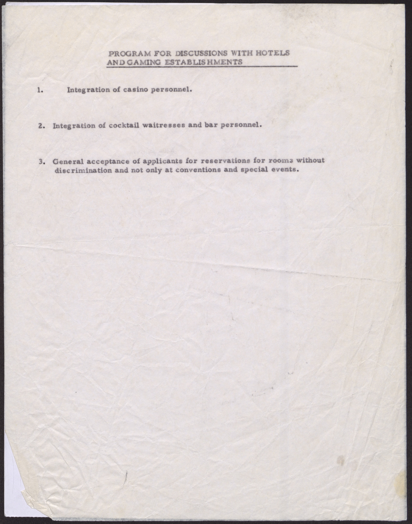 Program for discussions with hotels and gaming establishments, no date