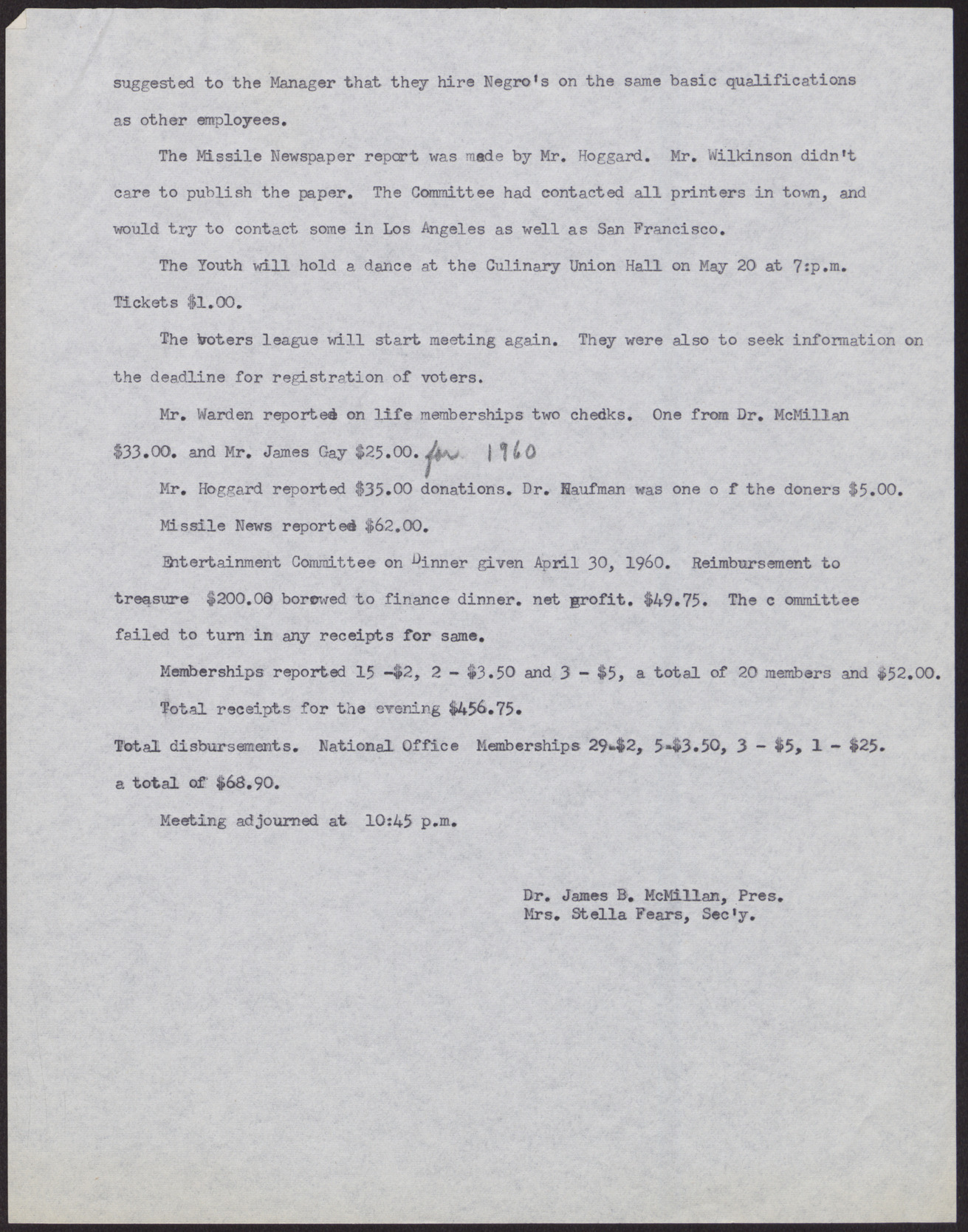 Minutes from a Las Vegas NAACP Executive Board meeting (2 pages), May 11, 1960, page 2
