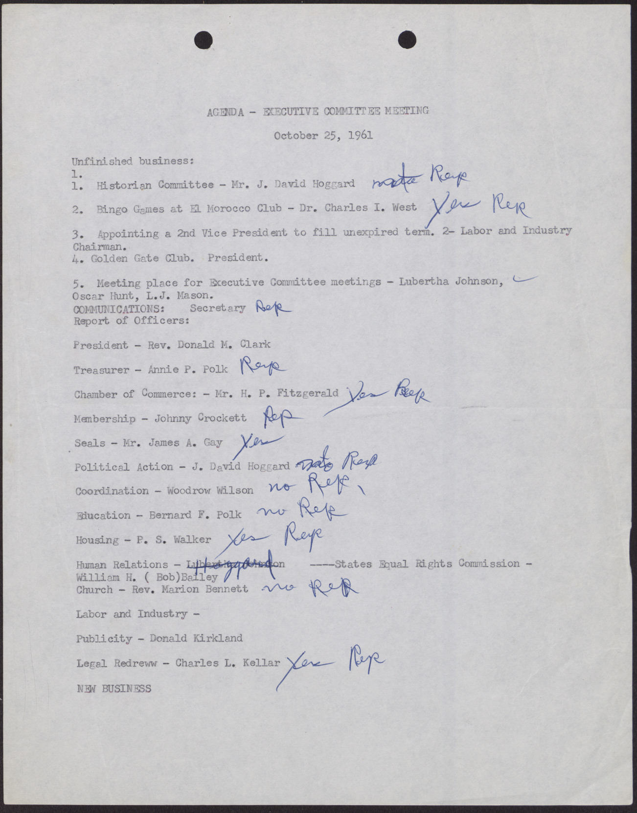 Agenda - Executive Committee Meeting, October 25, 1961