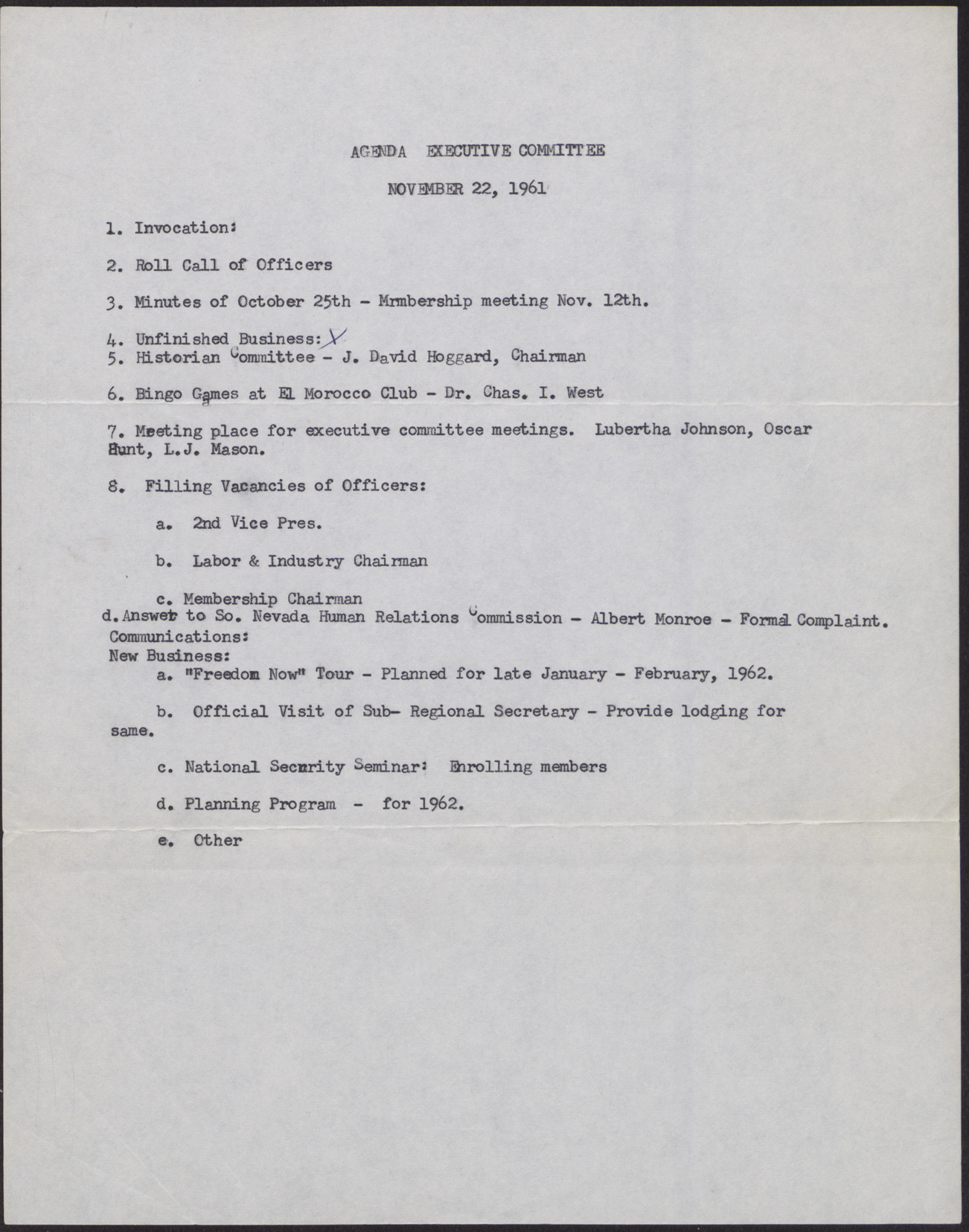 Agenda - Executive Committee Meeting, November 22, 1961