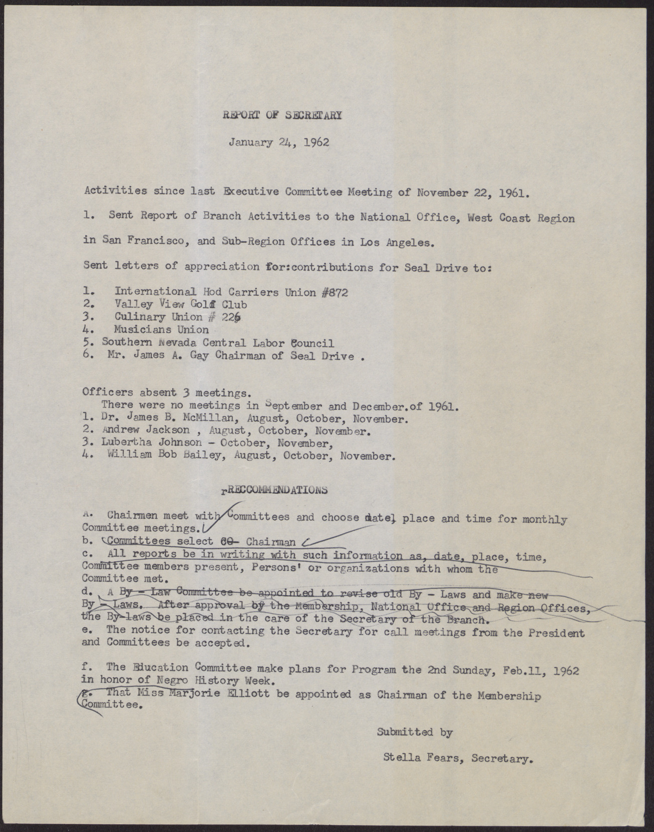 Report of Secretary submitted by Stella Fears, January 24, 1962