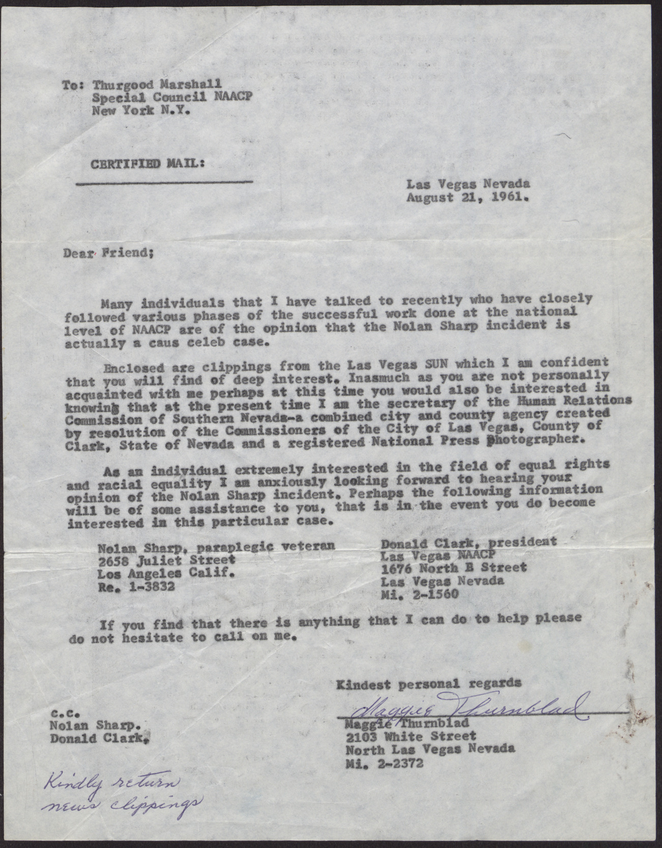 Letter to Thurgood Marshall from Maggie Thurnblad, August 21, 1961