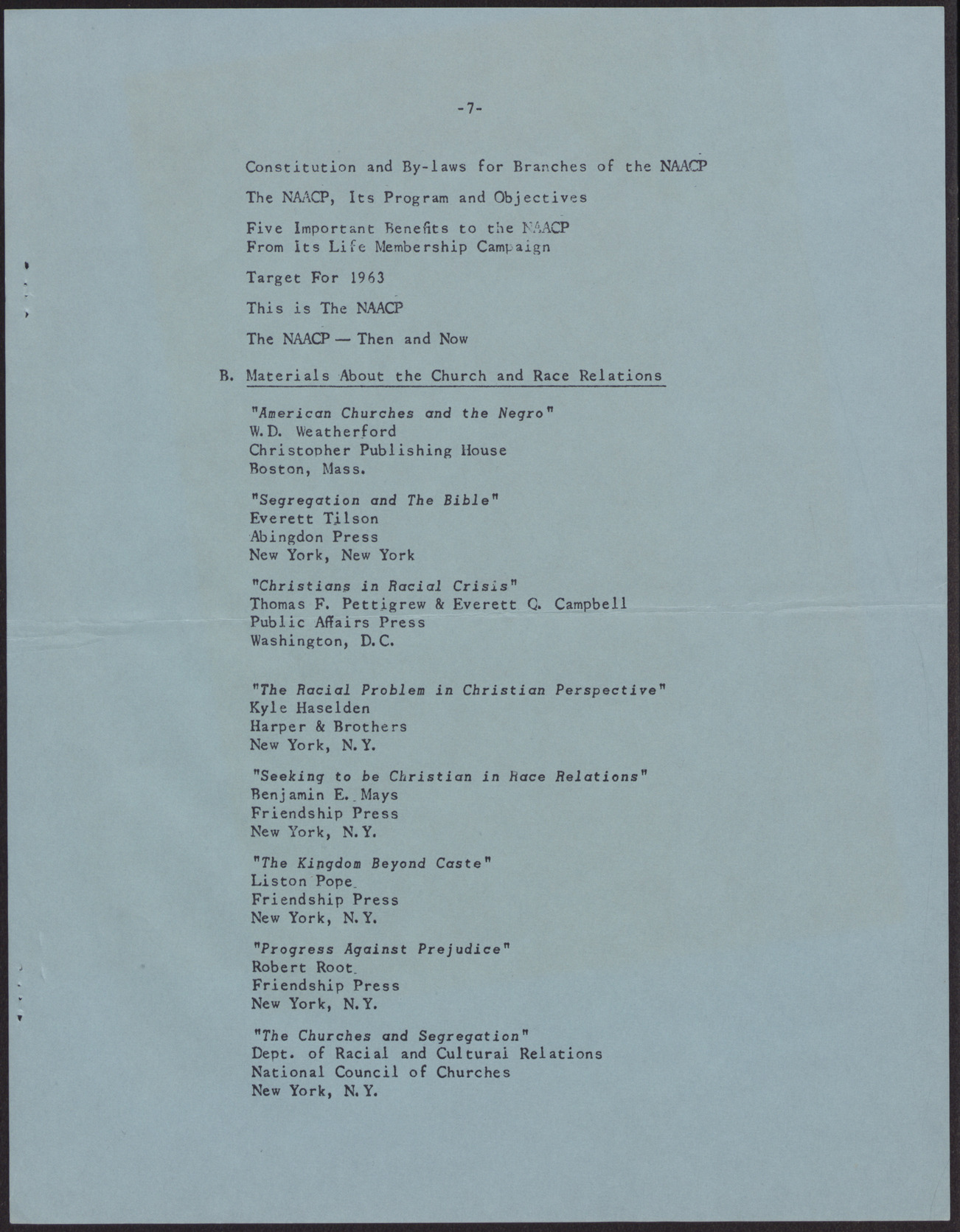 Program Suggestions for Branch Church Committees of the National Association for the Advancement of Colored People (9 pages), no date, page 10