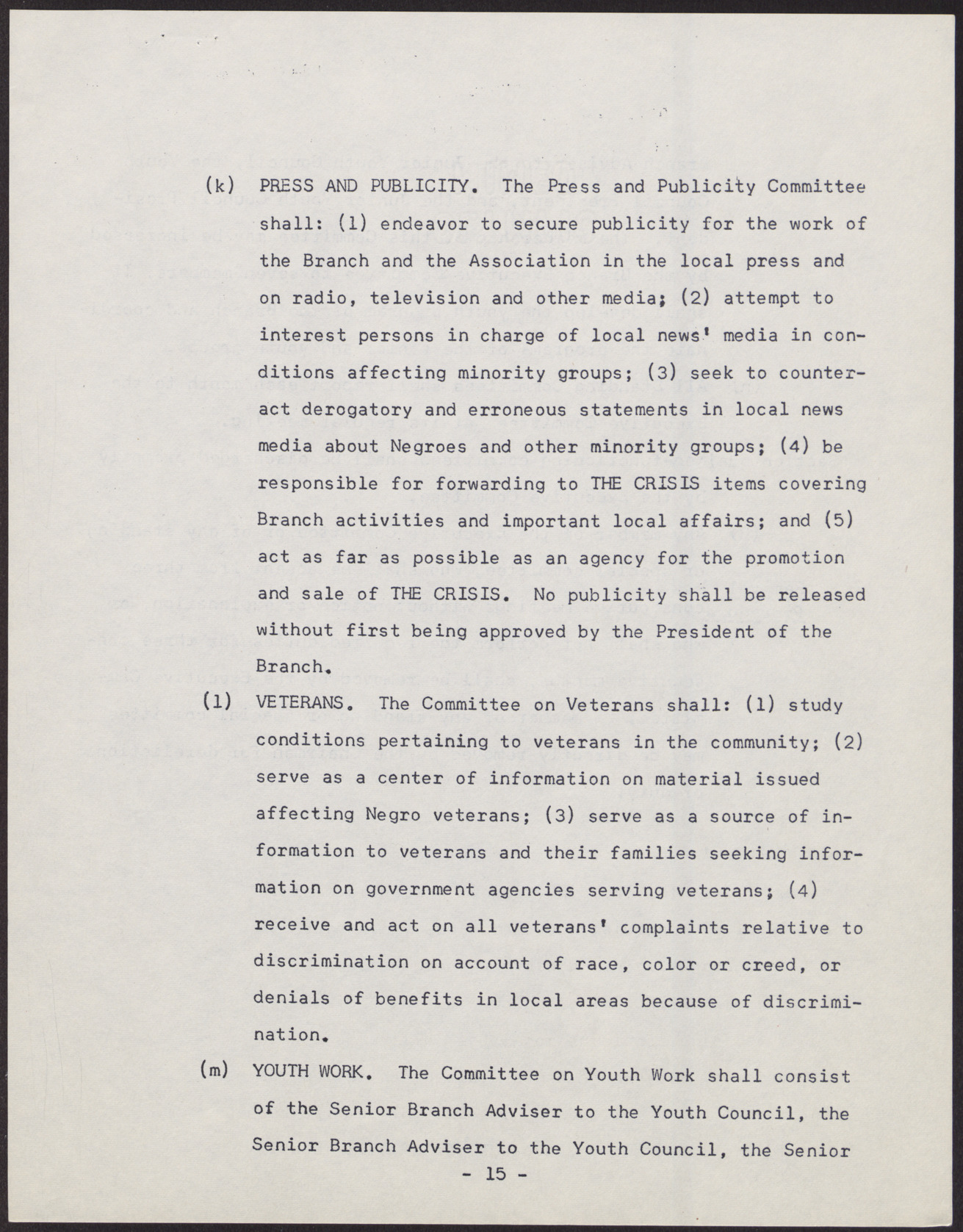 Amended Constitution and By-laws for branches of the NAACP (36 pages), no date, page 15