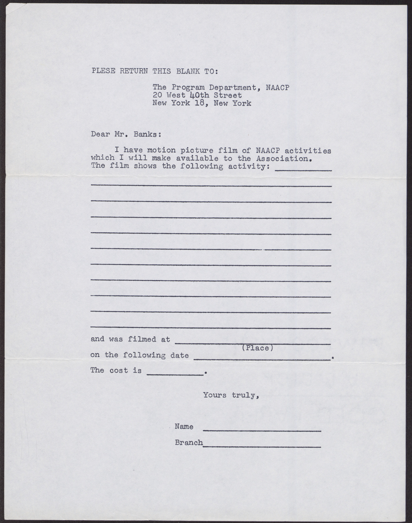 Blank template letter addressed to Calvin Banks, no date