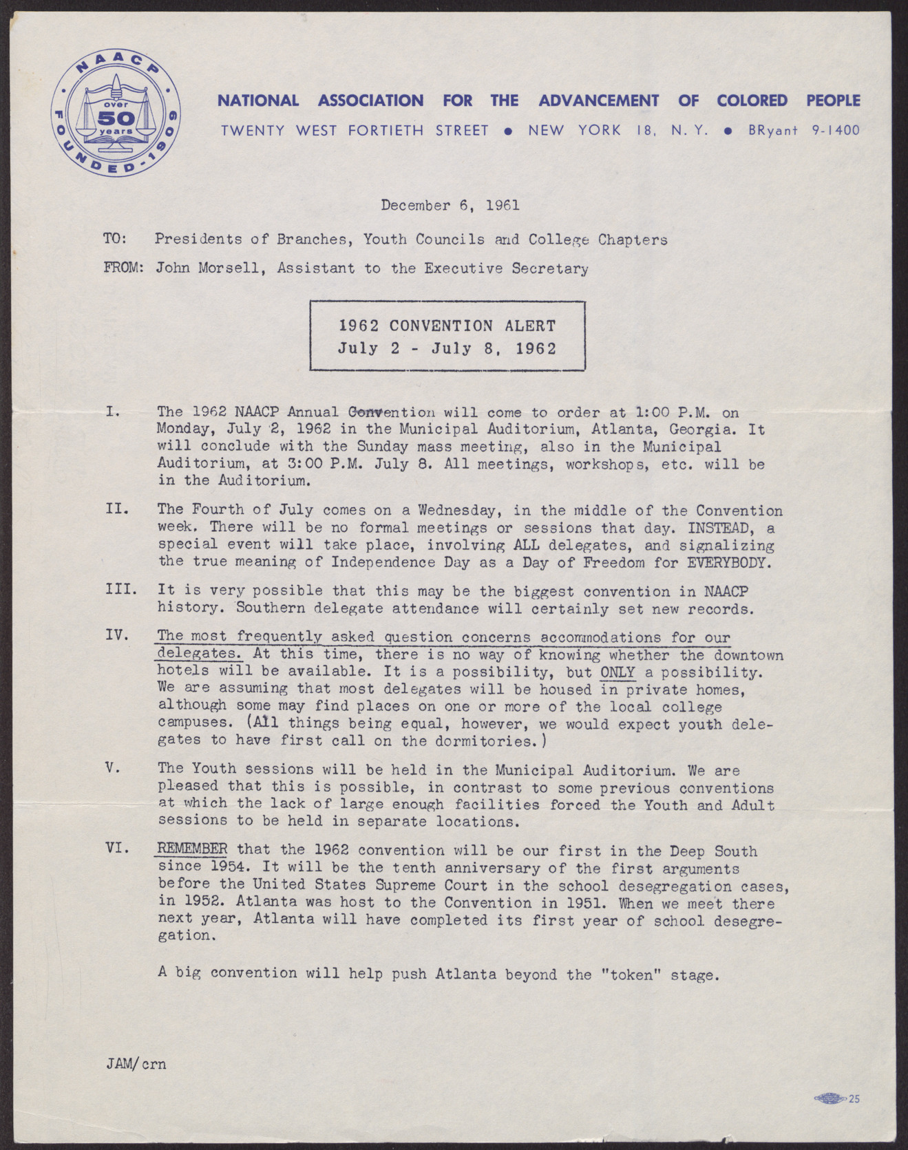 Letter to Presidents of NAACP Branches, Youth Councils and College Chapter from John Morsell, December 6, 1961