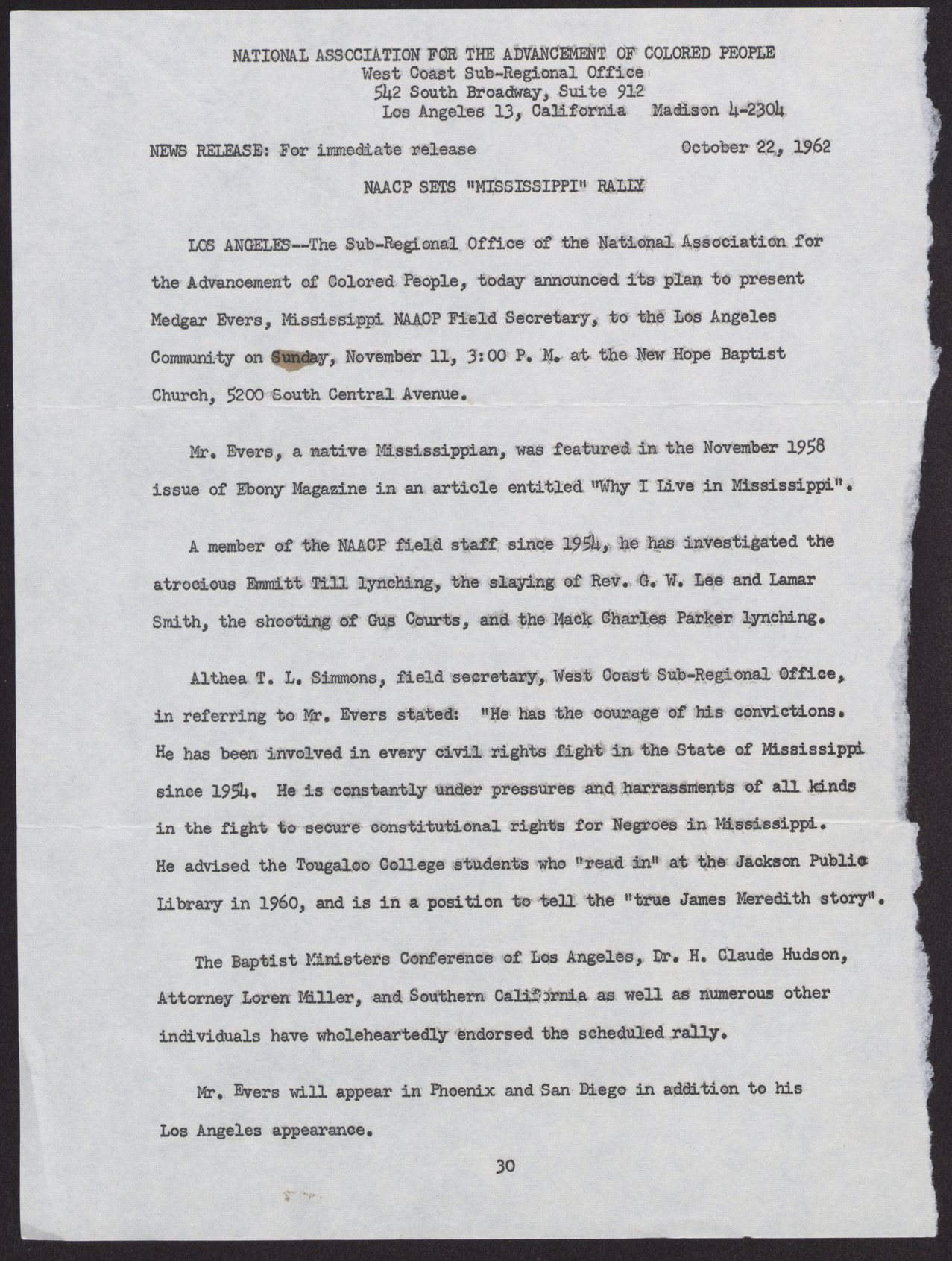 News release, October 22, 1962
