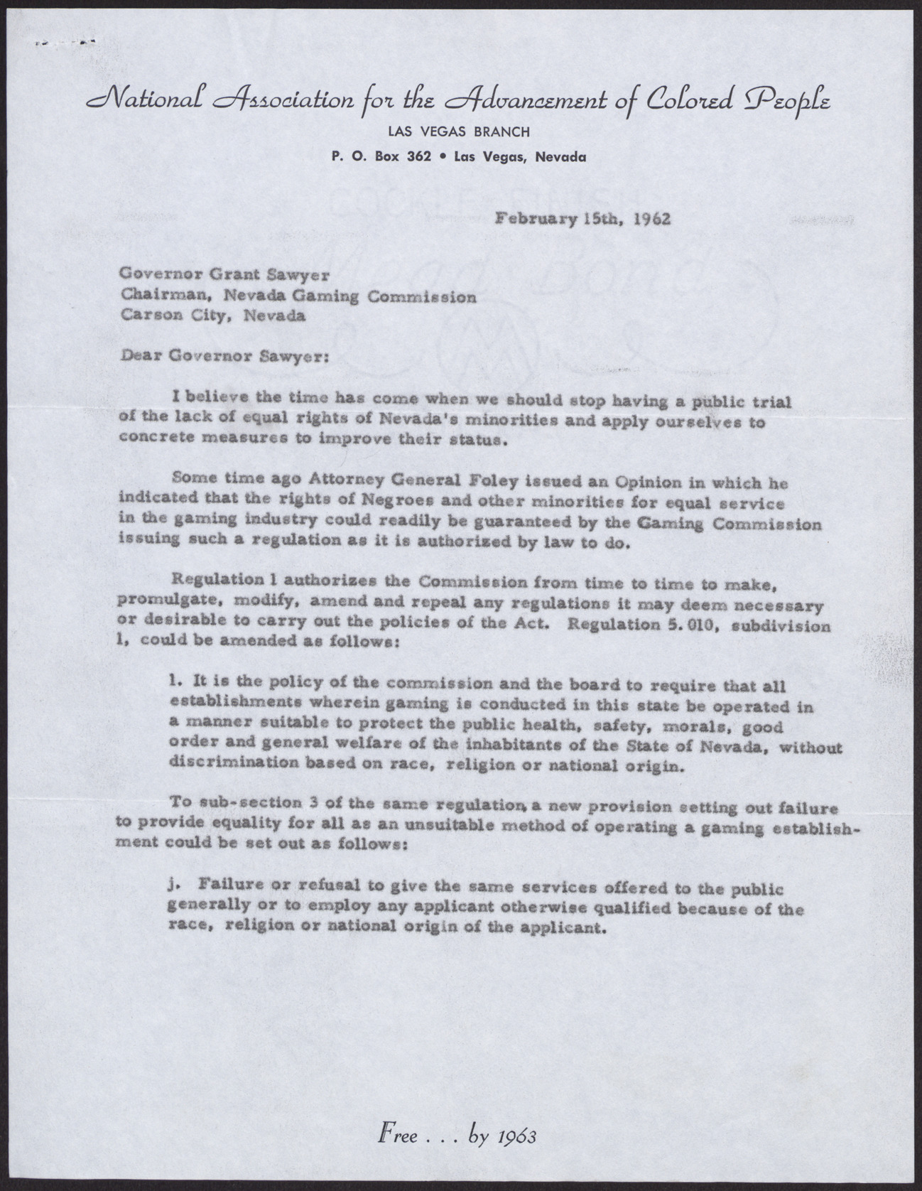 Letter to Governor Grant Sawyer from Rev. Donald M. Clark, (2 pages) February 15, 1962