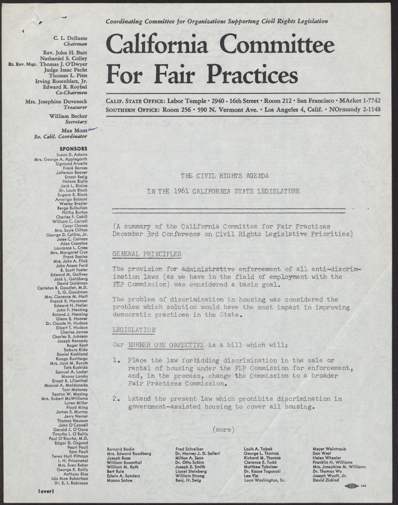 Civil Rights Agenda in the 1961 California State Legislature (2 pages)