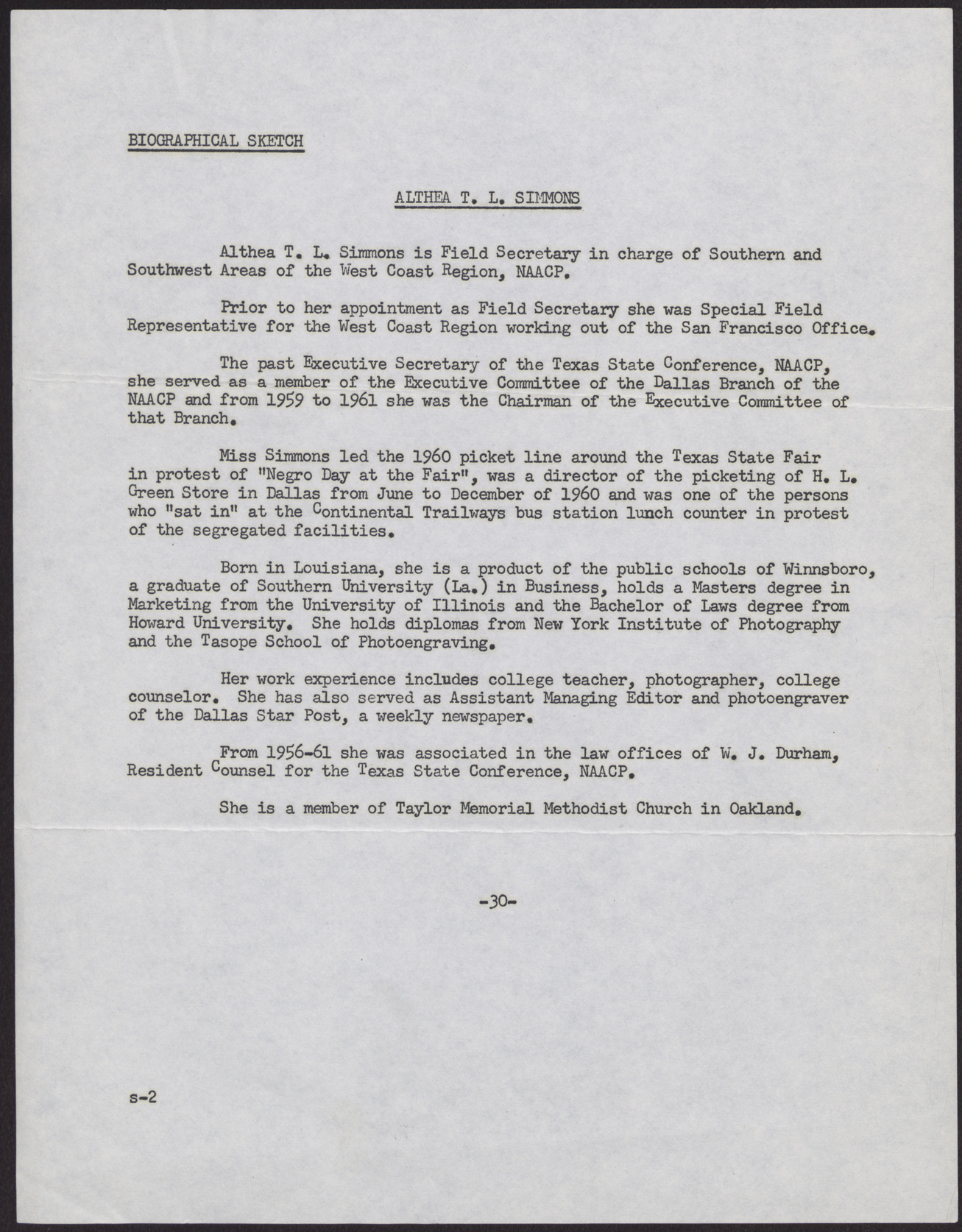 Biographical sketch of Althea T. L. Simmons, no date
