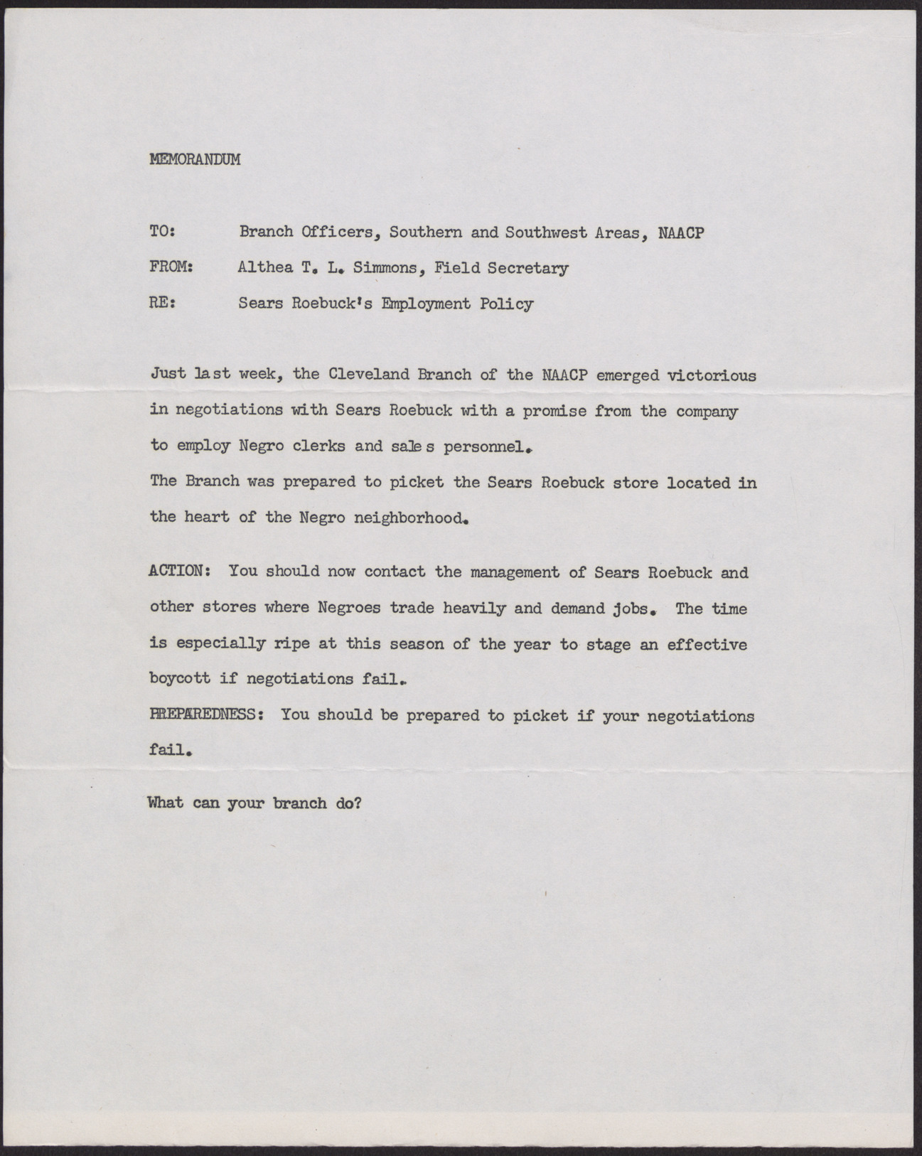 Memorandum to NAACP Branch Officers, Southern and Southwest Areas from Althea T. L. Simmons, no date given