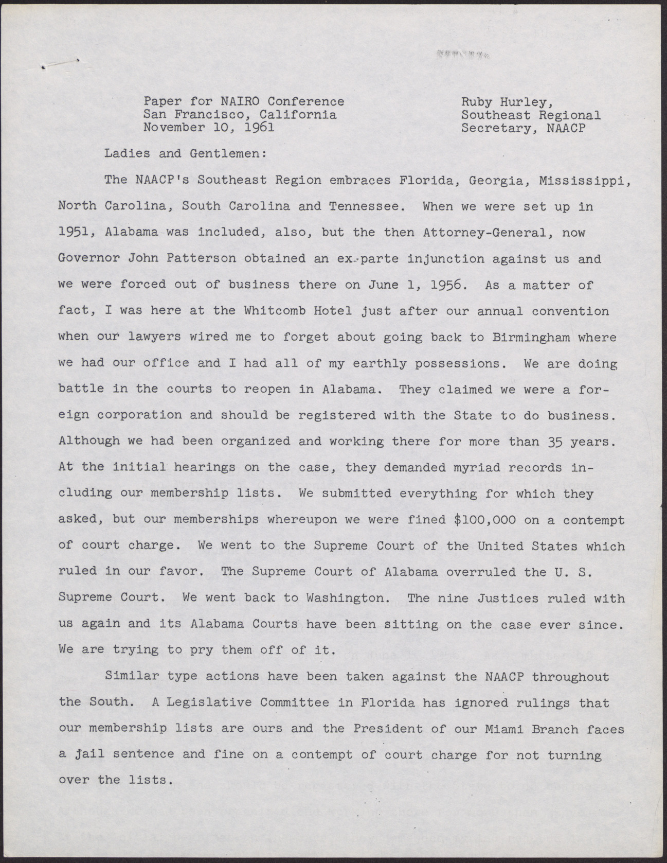 Paper for NAIRO Conference (7 pages), November 10, 1961