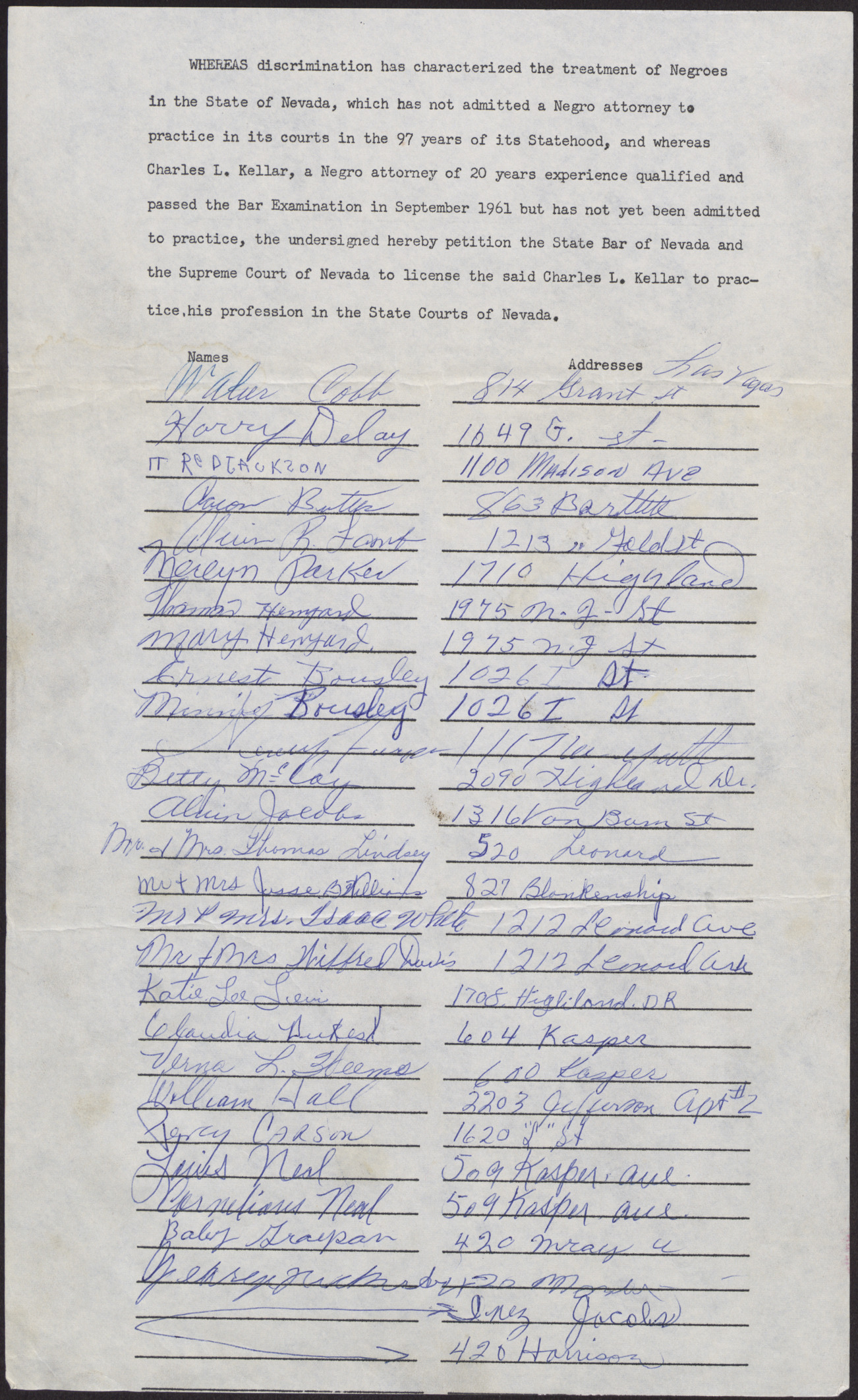 Petition against the State Bar of Nevada and the Supreme Court of Nevada on behalf of Clarles L. Kellar (5 pages), no date