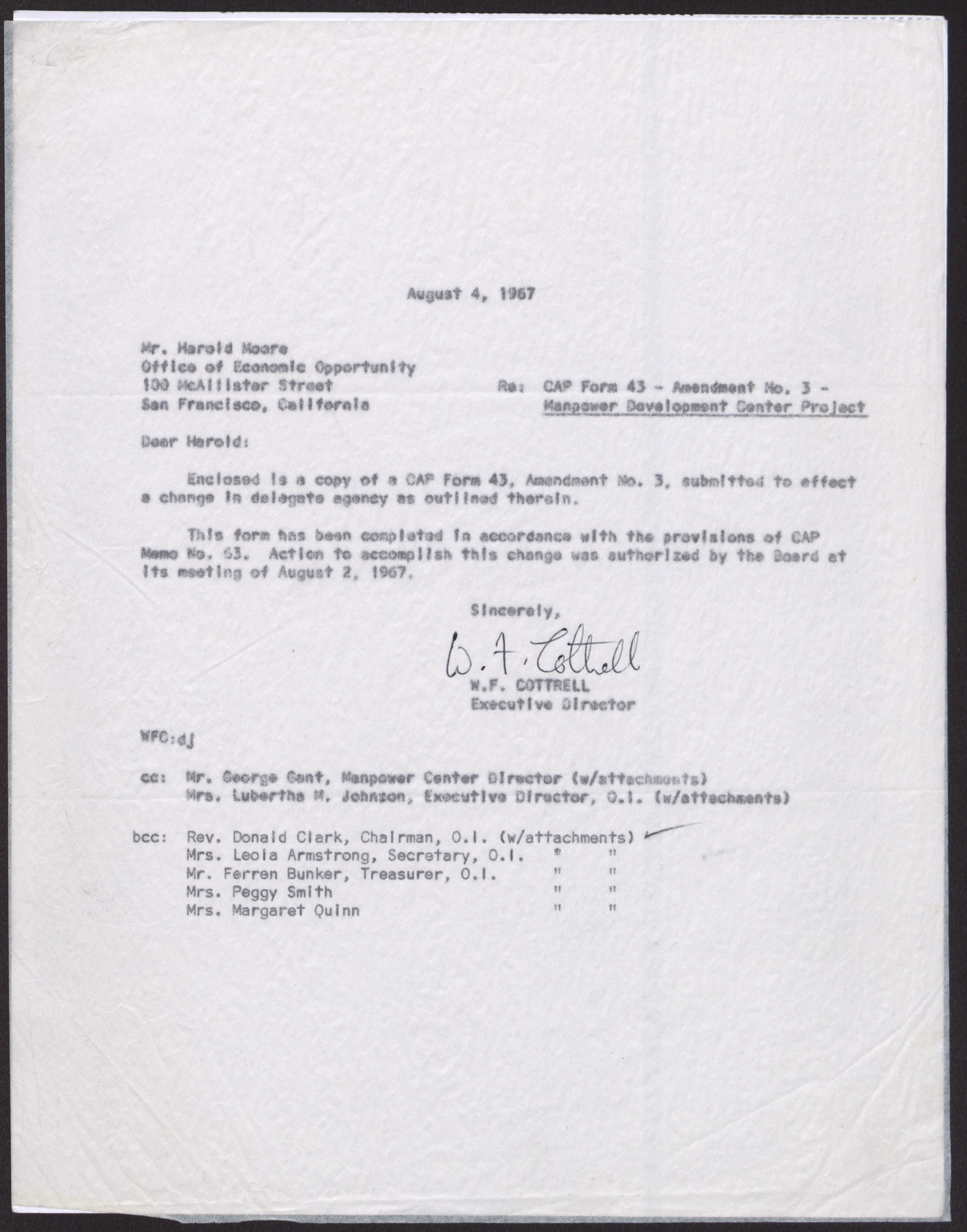 Letter to Mr. Harold Moore from W. F. Cottrell, August 4, 1967