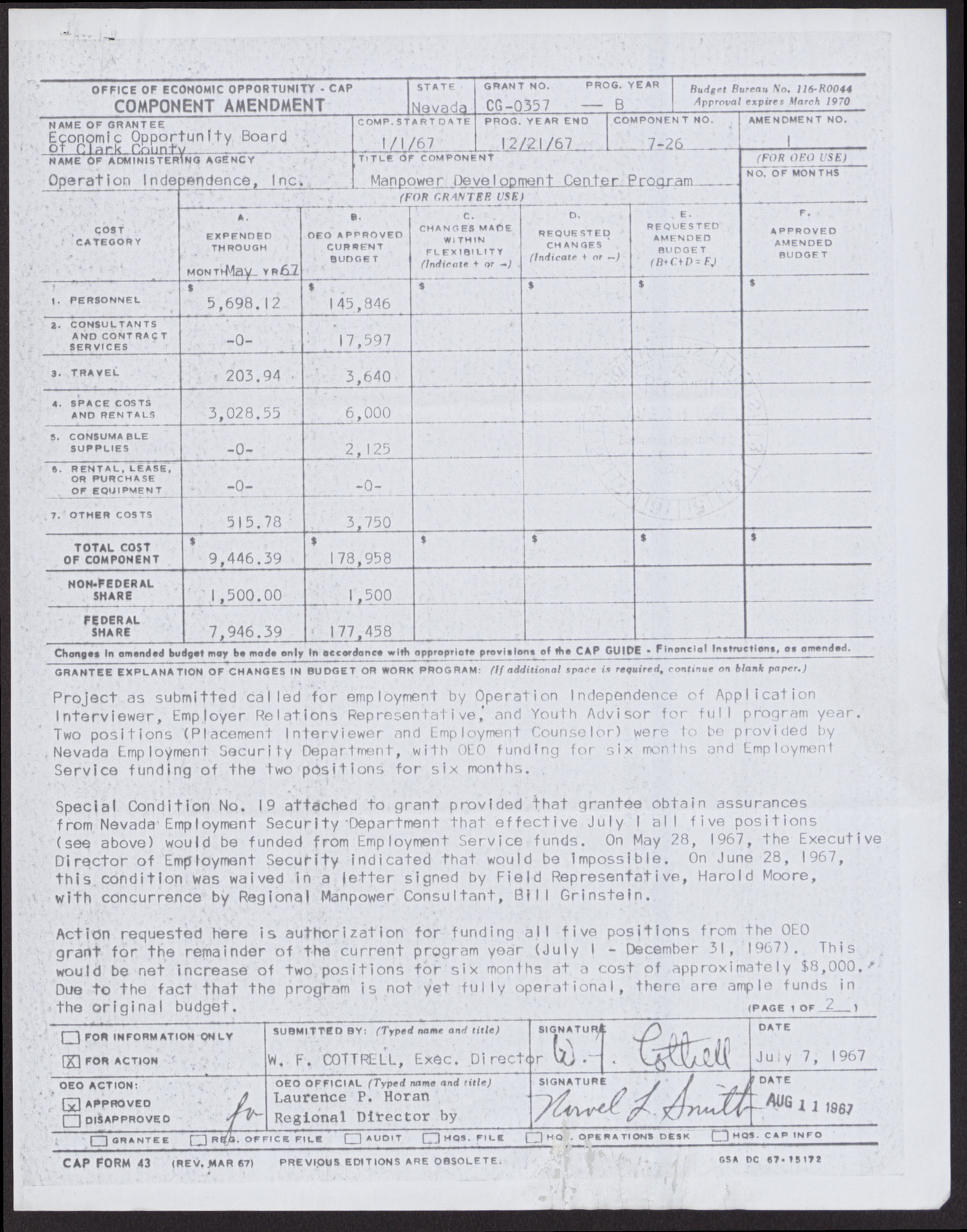 Letter to Mr. George Gant from W. F. Cottrell with attached copies of approval papers relating to the Manpower project (4 pages), August 16, 1967, page 3