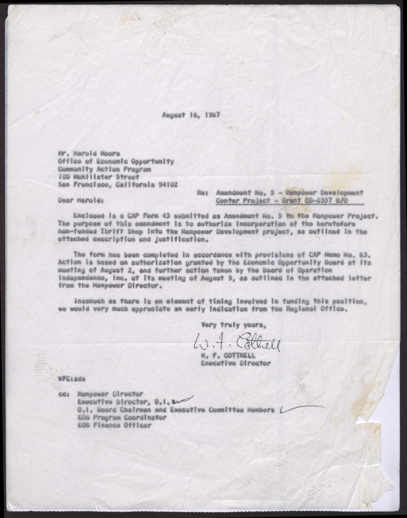 Letter to Mr. Harold Moore from W. F. Cottrell, August 16, 1967