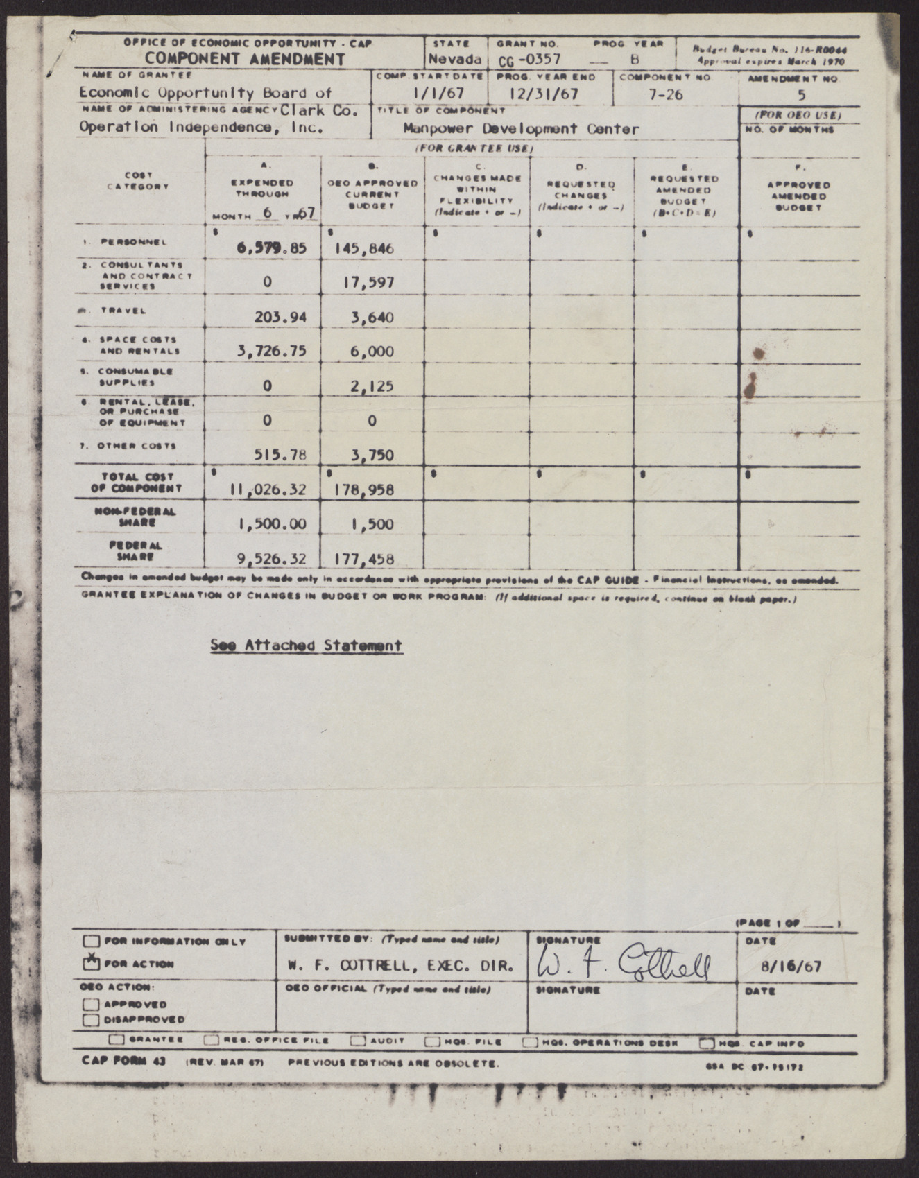 Office of Economic Opportunity Community Action Program Component Budget (2 pages), August 16, 1967, page 2
