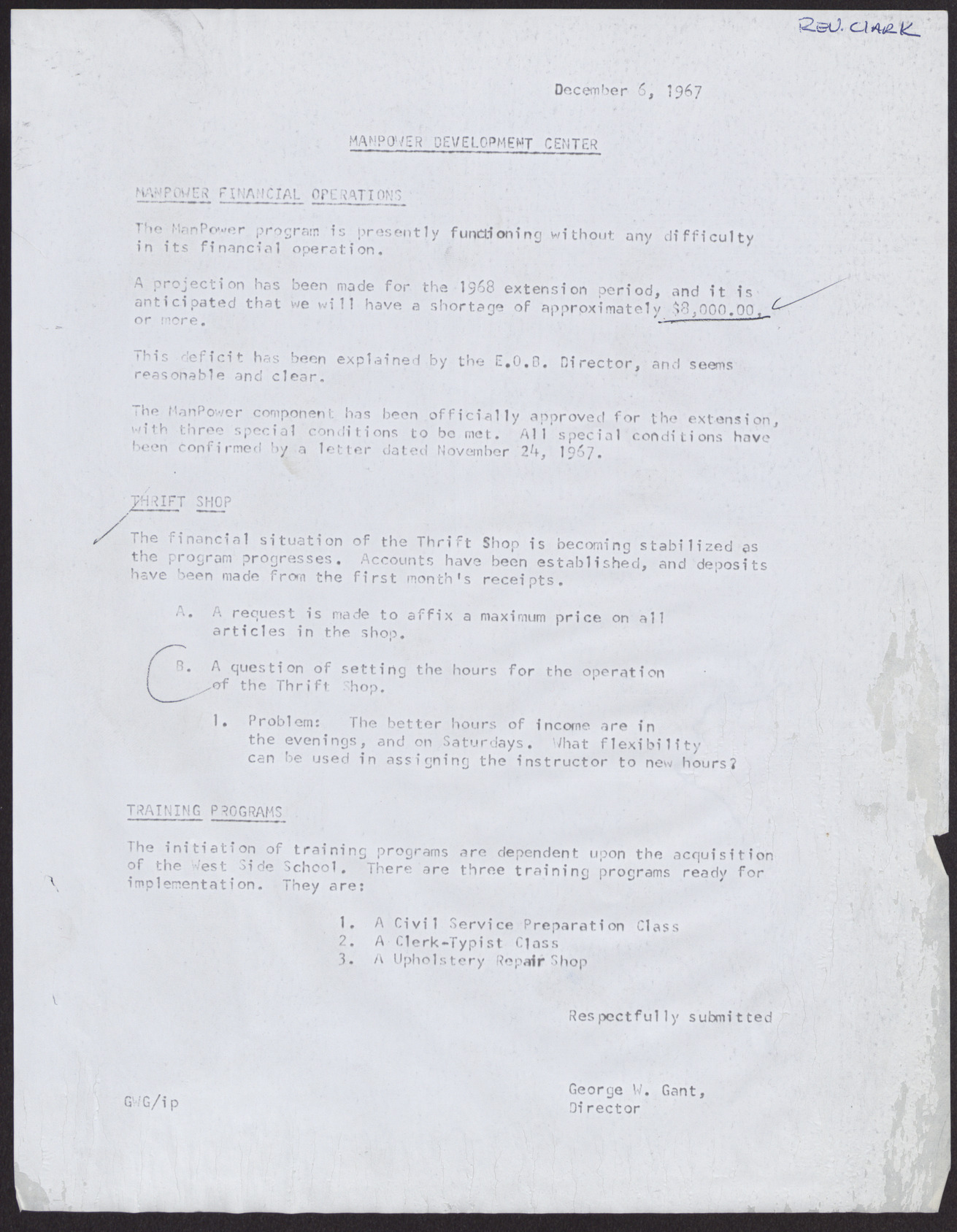 Summary of the Manpower Development Center's Financial Operations, December 6, 1967