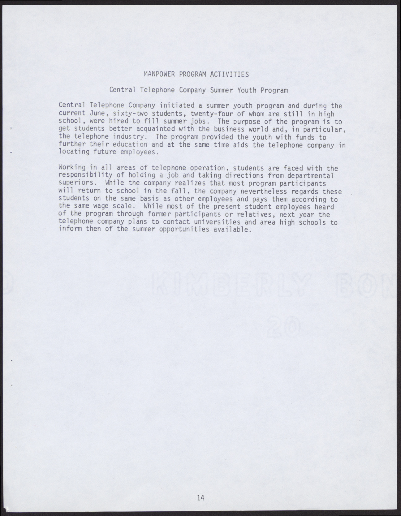 Summary of the Central Telephone Company Summer Youth Program, no date