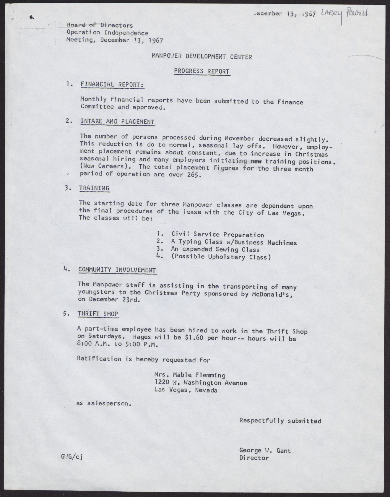 Manpower Development Center's Progress Report, December 13, 1967