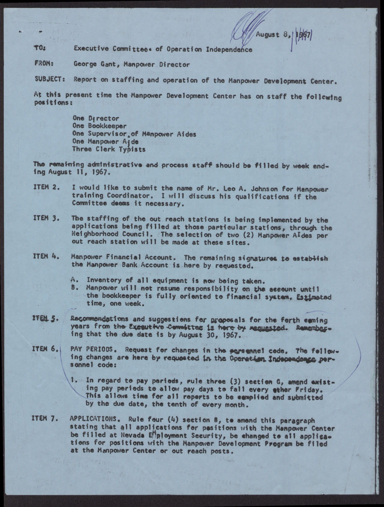 Letter to the Executive Committee of Operation Independence from George Gant (2 pages), August 8, 1967