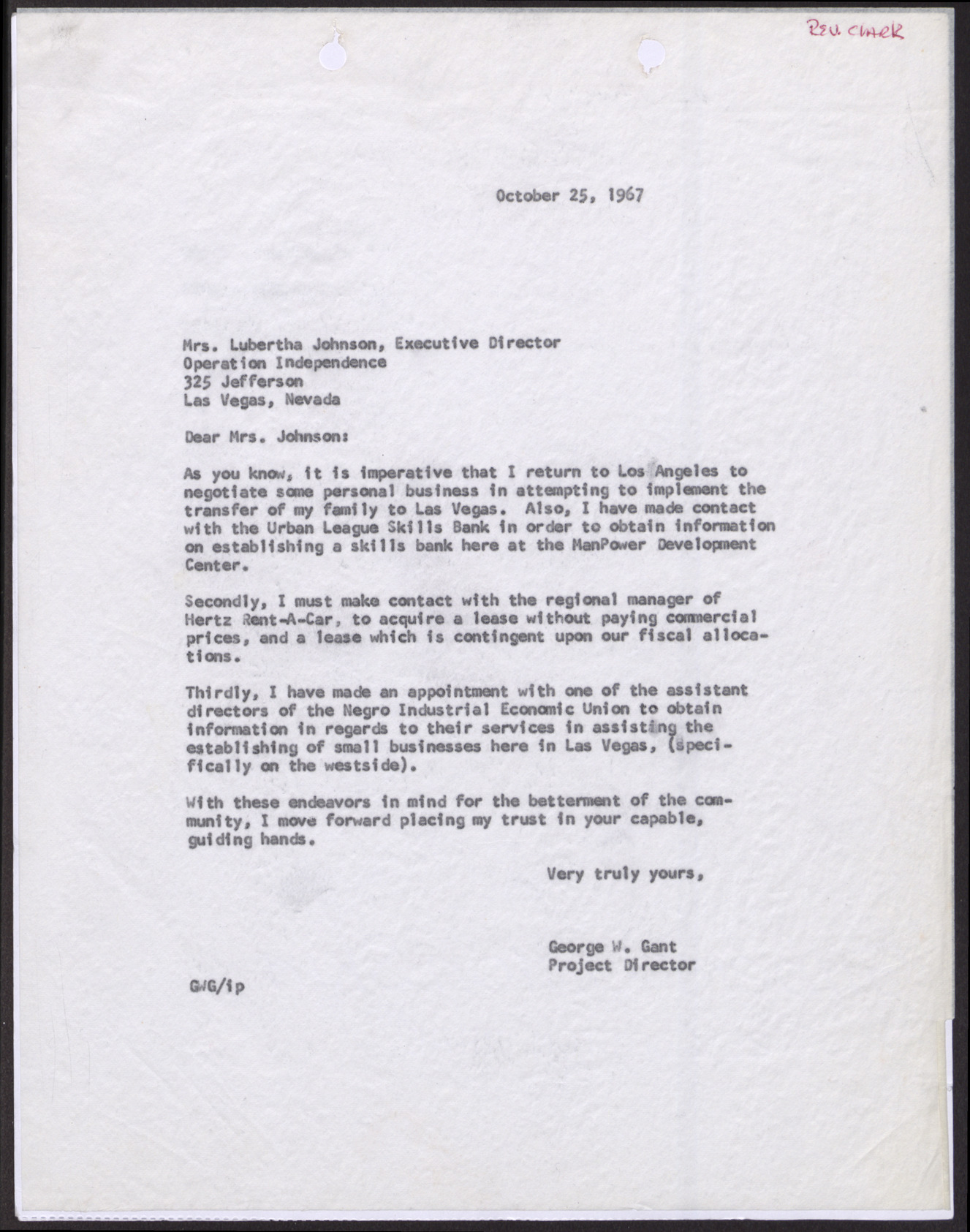 Letter to Mrs. Lubertha Johnson from George W. Gant, October 25, 1967