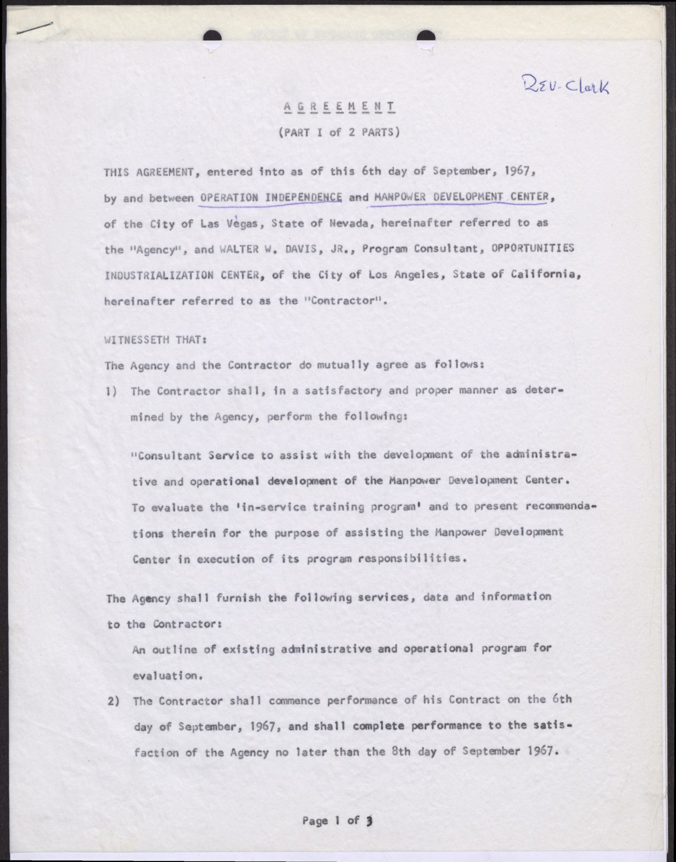 Contract of Agreement between Operation Independence and Manpower Development Center Parts I & II  (7 pages), no date