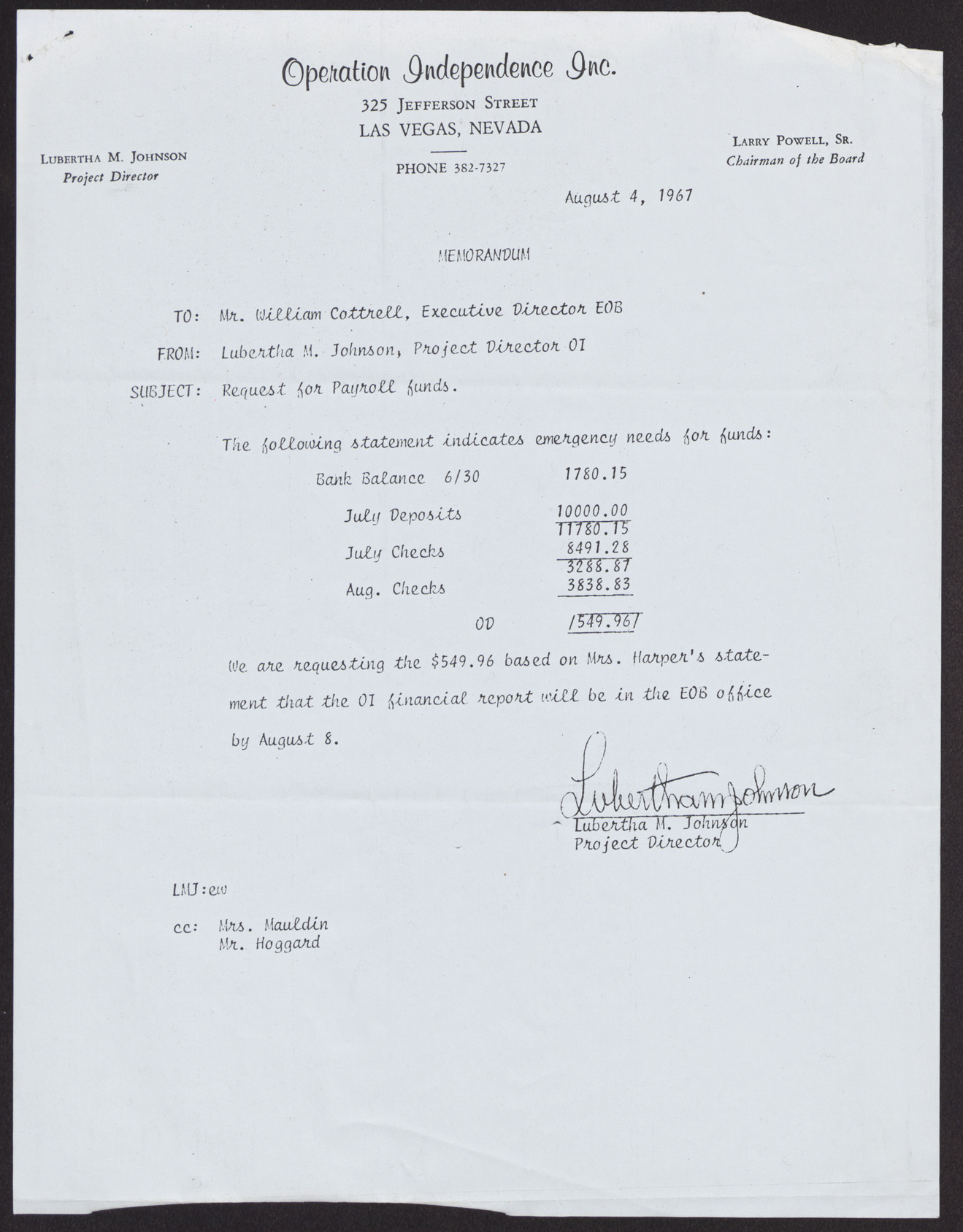 Letter to Mr. William Cottrell from Lubertha M. Johnson, August 4, 1967