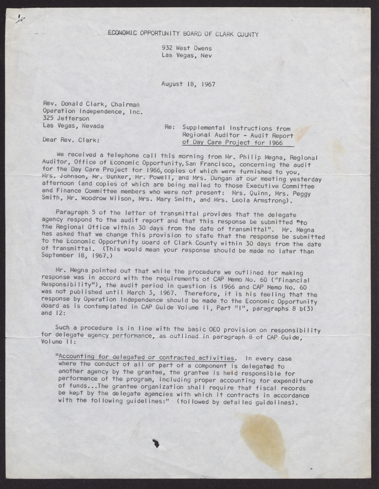 Letter to Rev. Donald Clark from the EOB, August 18, 1967