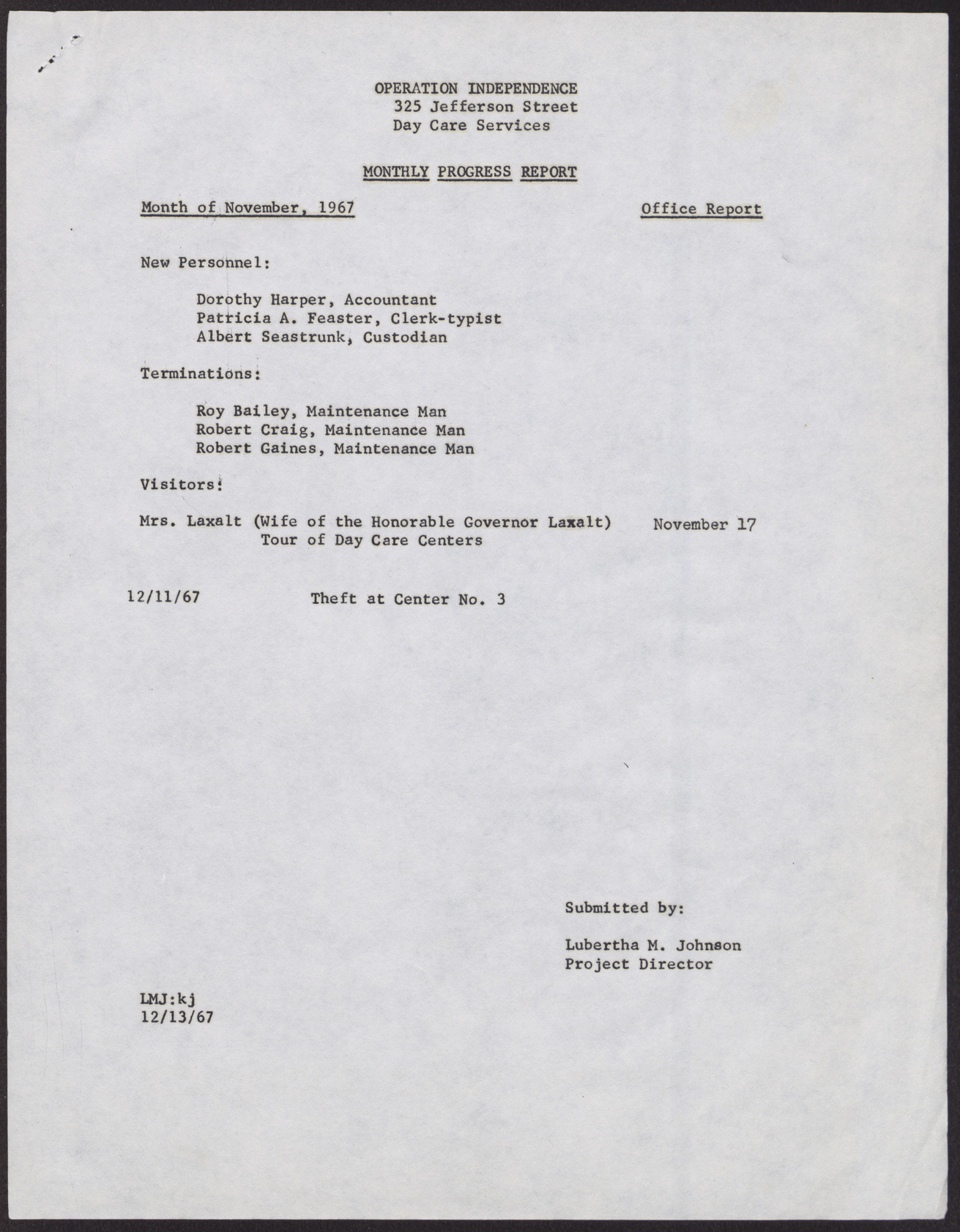 Operation Independence Day Care Services Monthly Progress Report (2 pages), November 1967, page 2