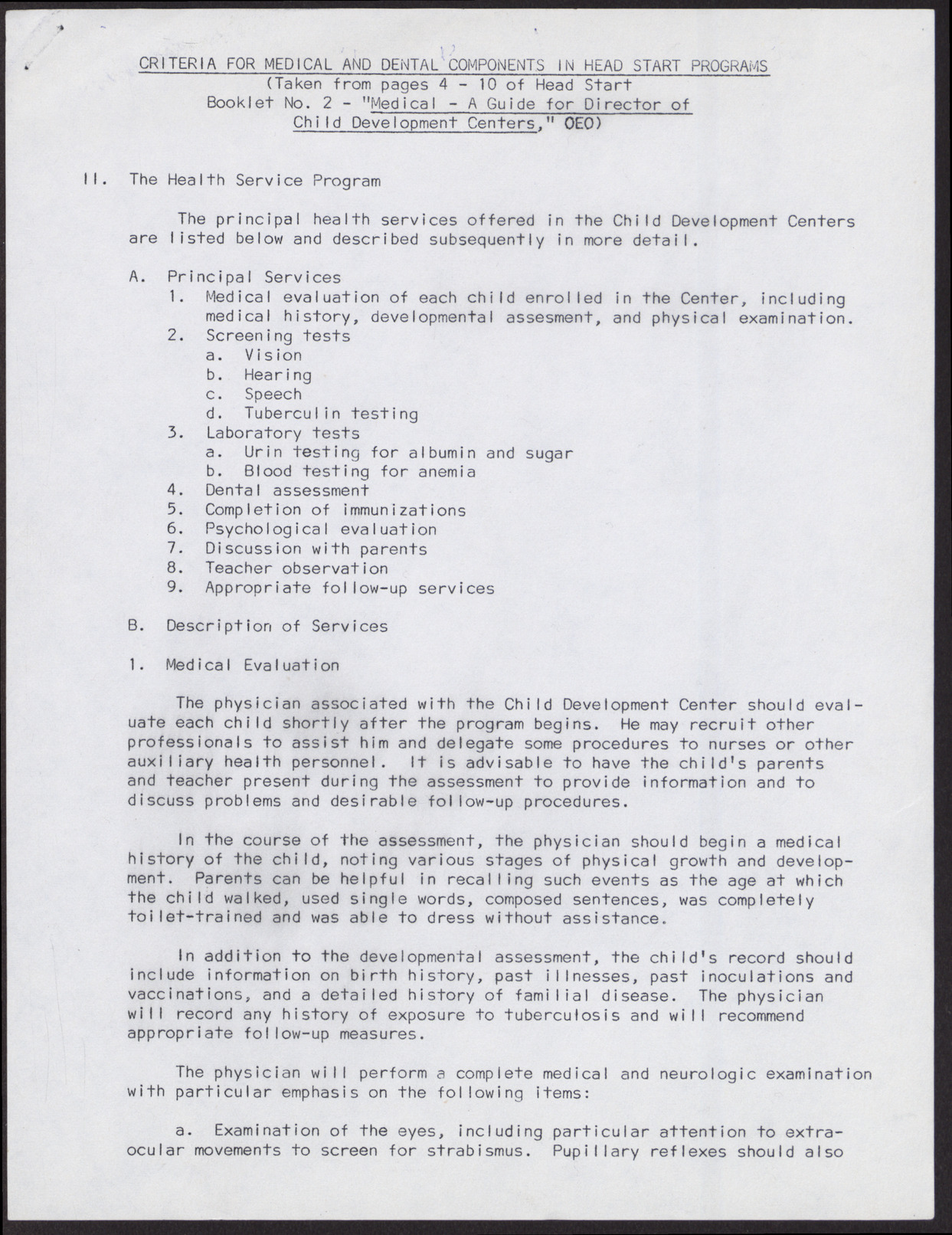 Criteria for Medical and Dental Components in Head Start Programs (5 pages), no date