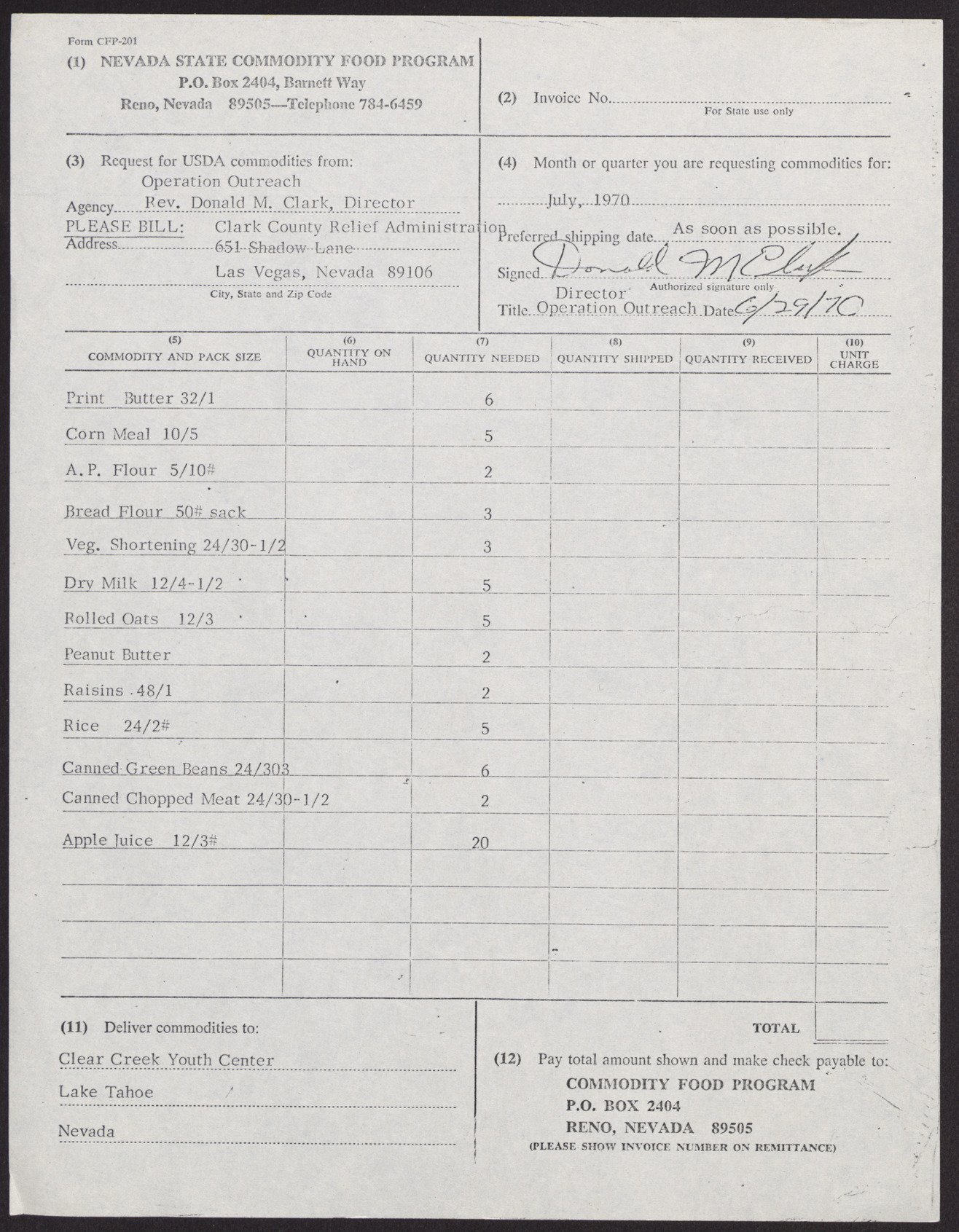Request for USDA commodities for July 1970