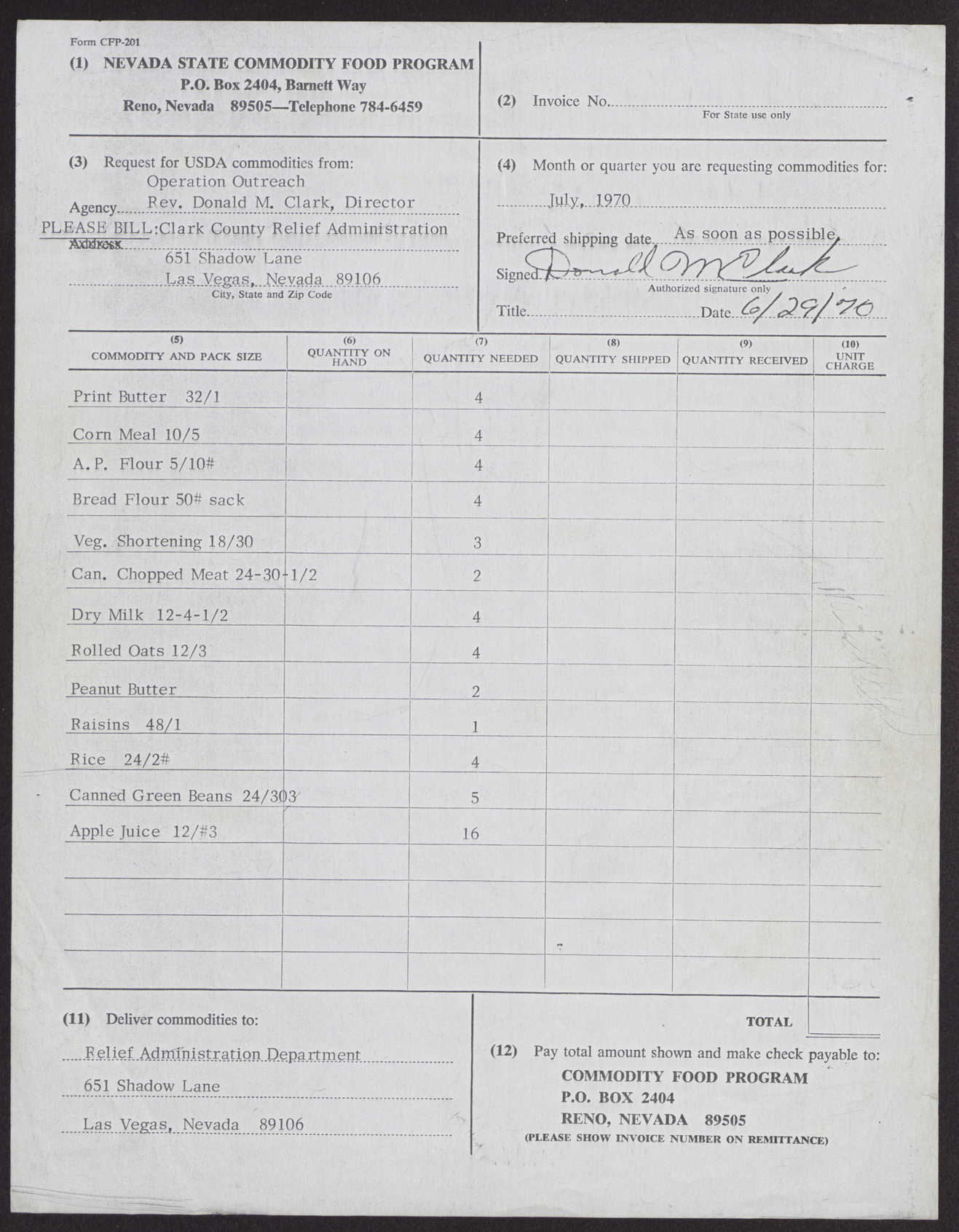 Request for USDA commodities for July 1970