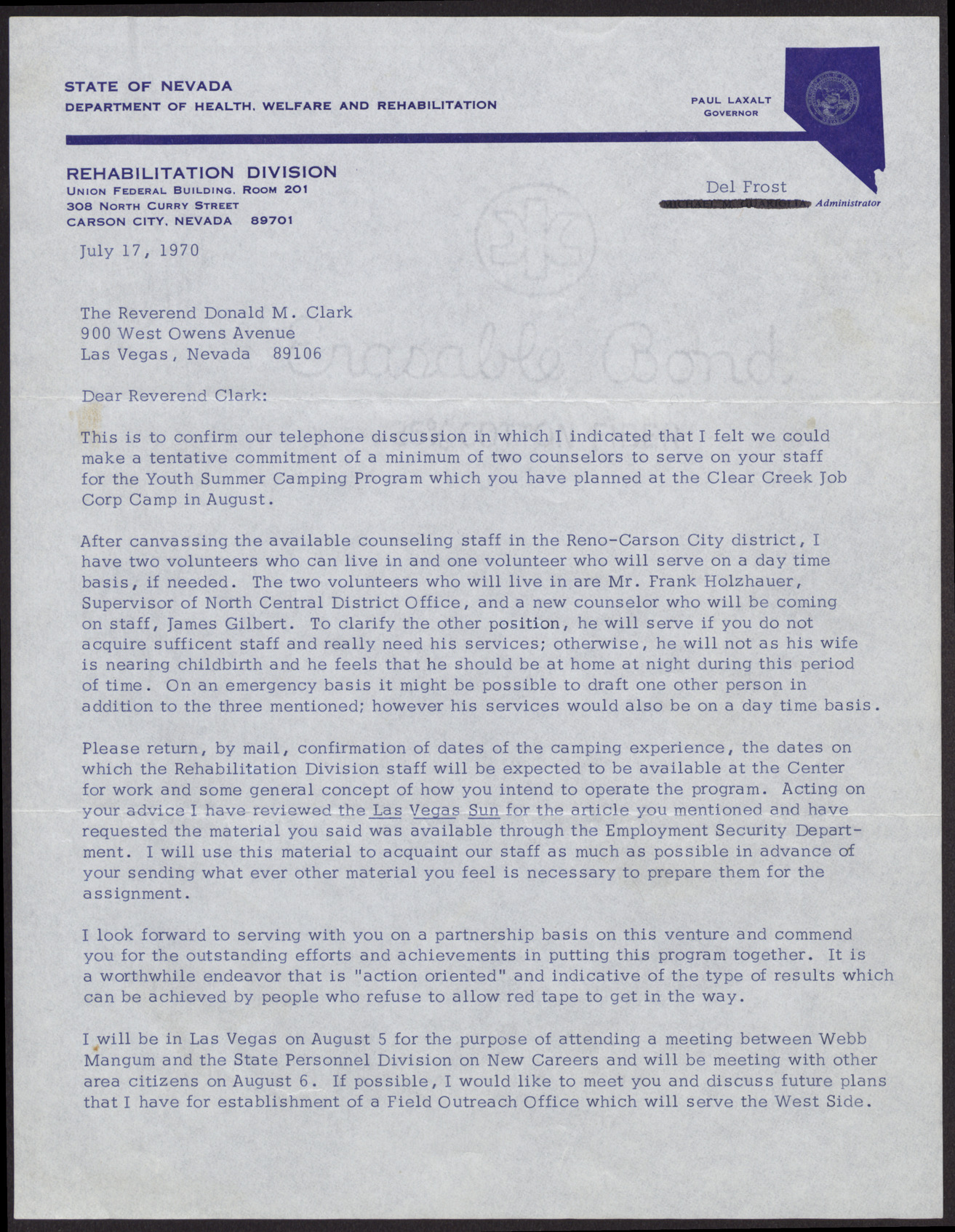 Letter to Reverend Donald M. Clark from Del Frost (2 pages), July 17, 1970