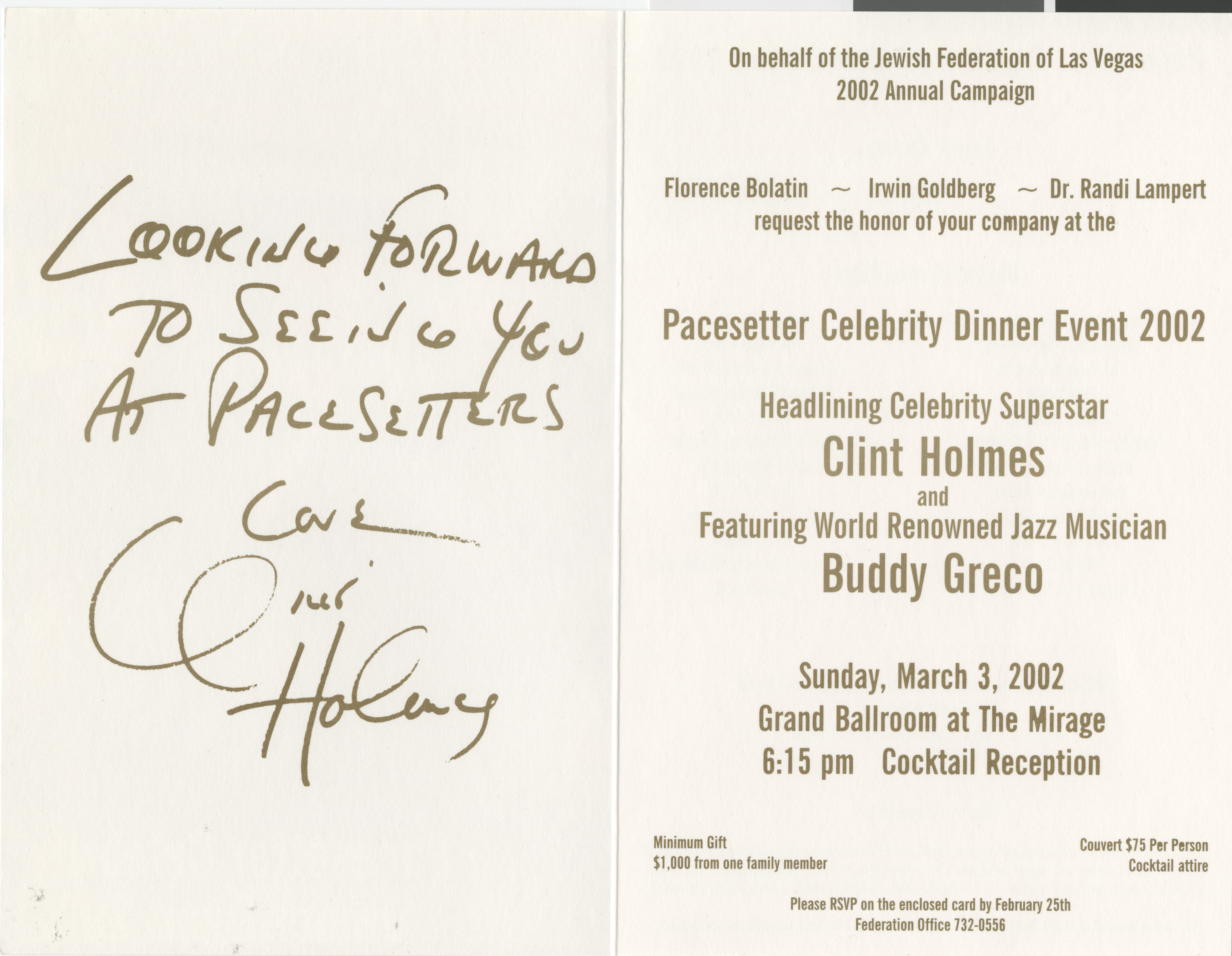 Program from Pacesetter Celebrity Dinner event, March 3, 2002