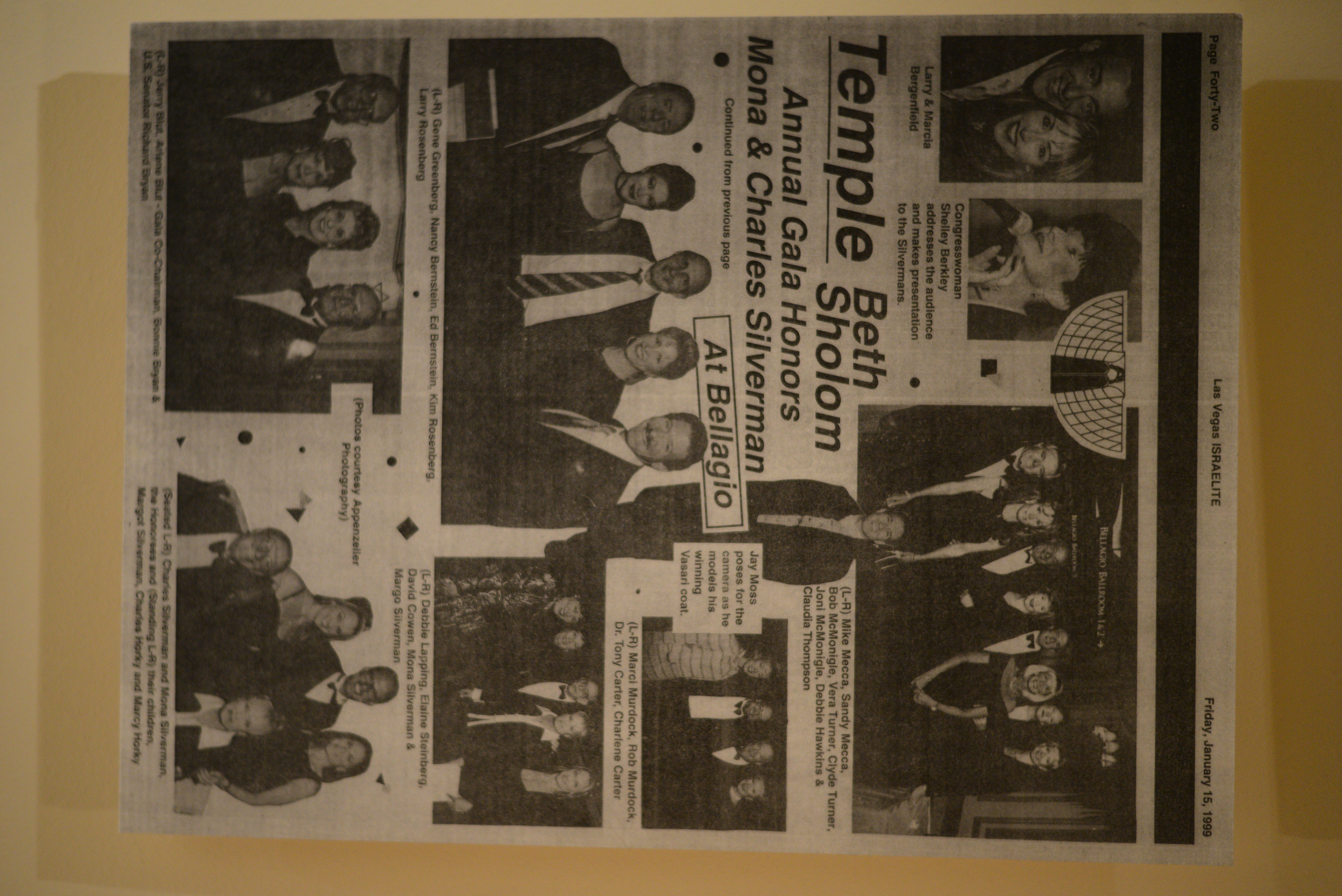 Photograph of newspaper clipping, Temple Beth Sholom Annual Gala Honors Mona & Charles Silverman at Bellagio , Las Vegas Israelite, January 15, 1999