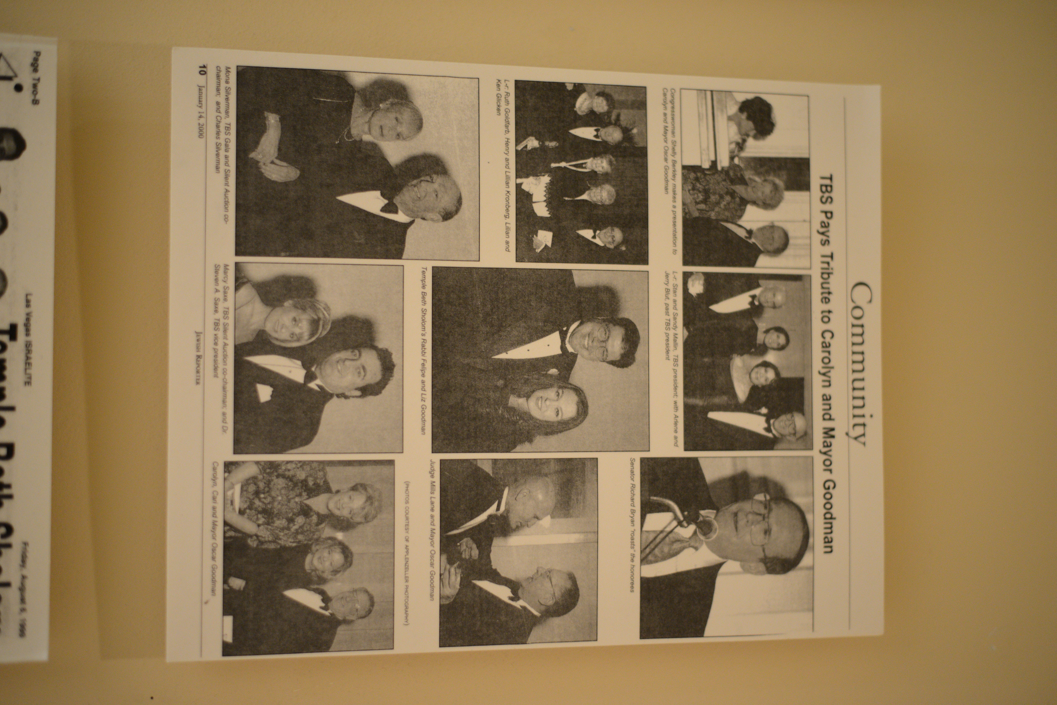 Photograph of newspaper clipping, TBS Pays Tribute to Carolyn and Mayor Goodman, Jewish Reporter, January 14, 2000