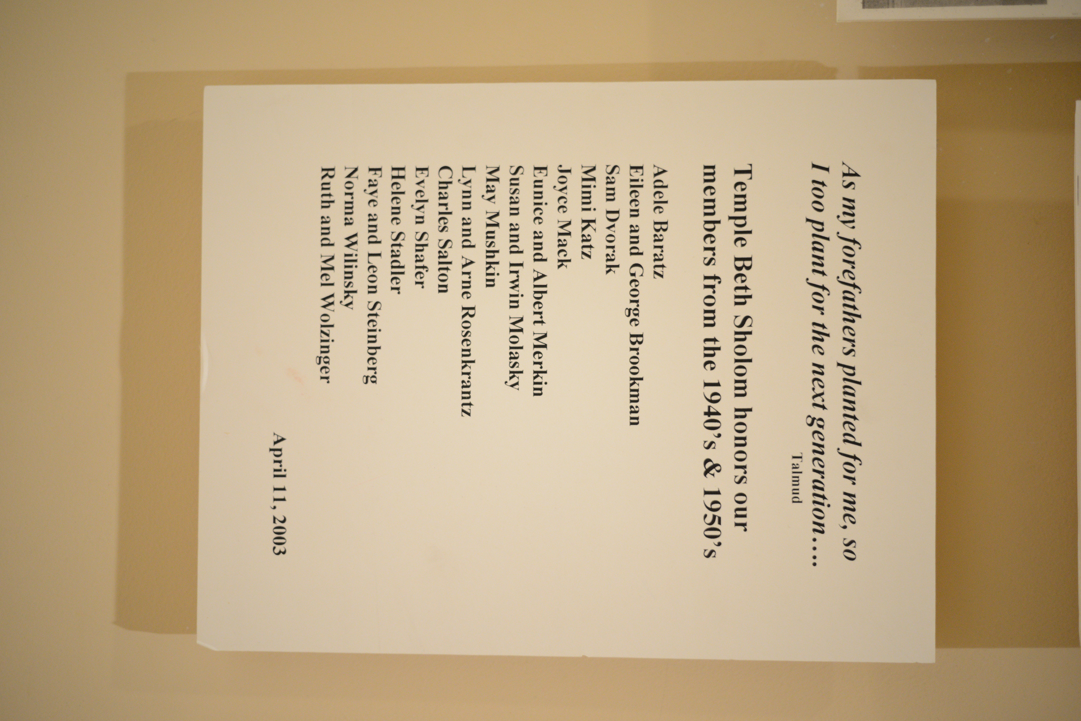 List of Temple Beth Sholom members from the 1940s and 1950s, April 11, 2003