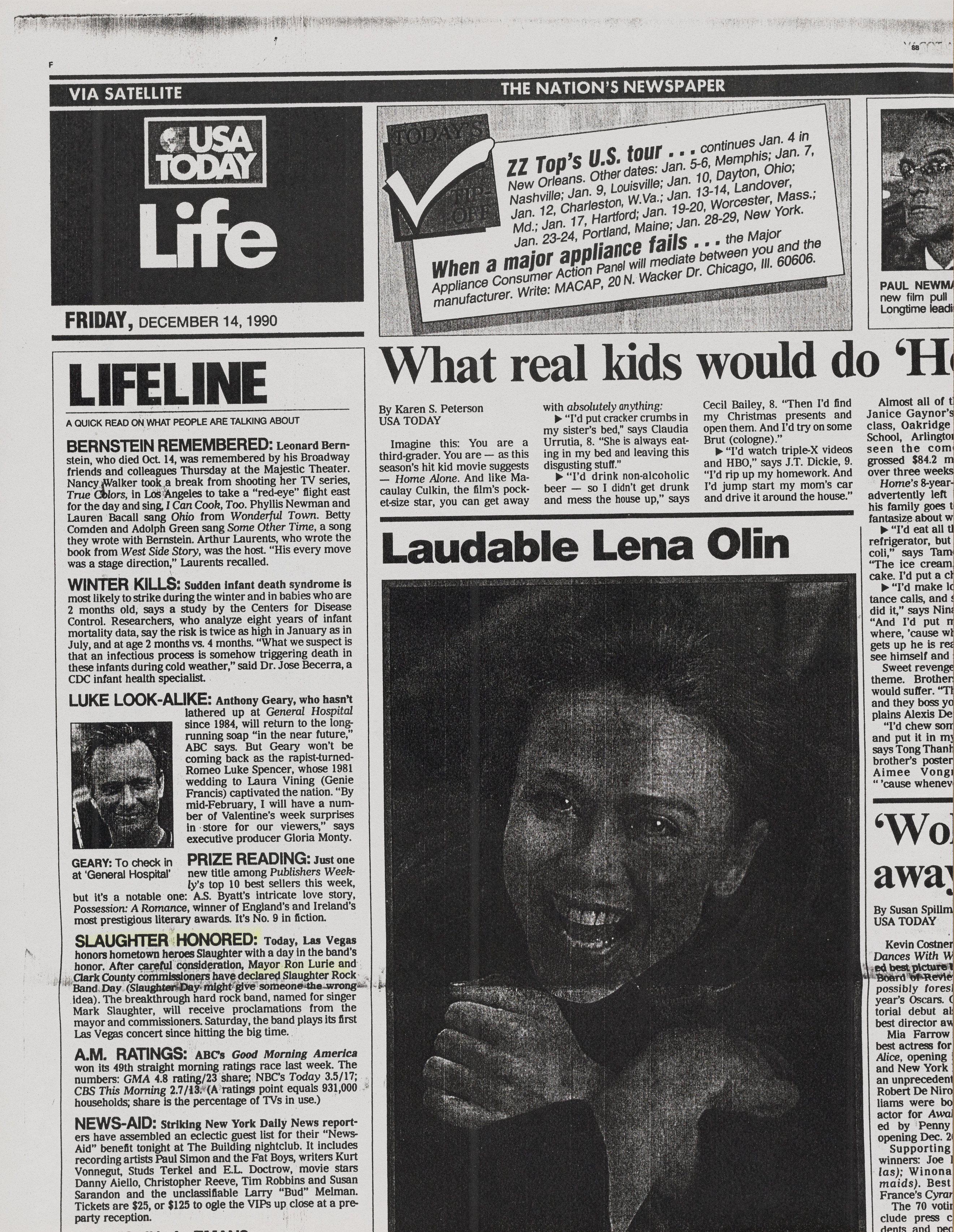 Newspaper clipping, Slaughter honored, USA Today, December 14, 1990